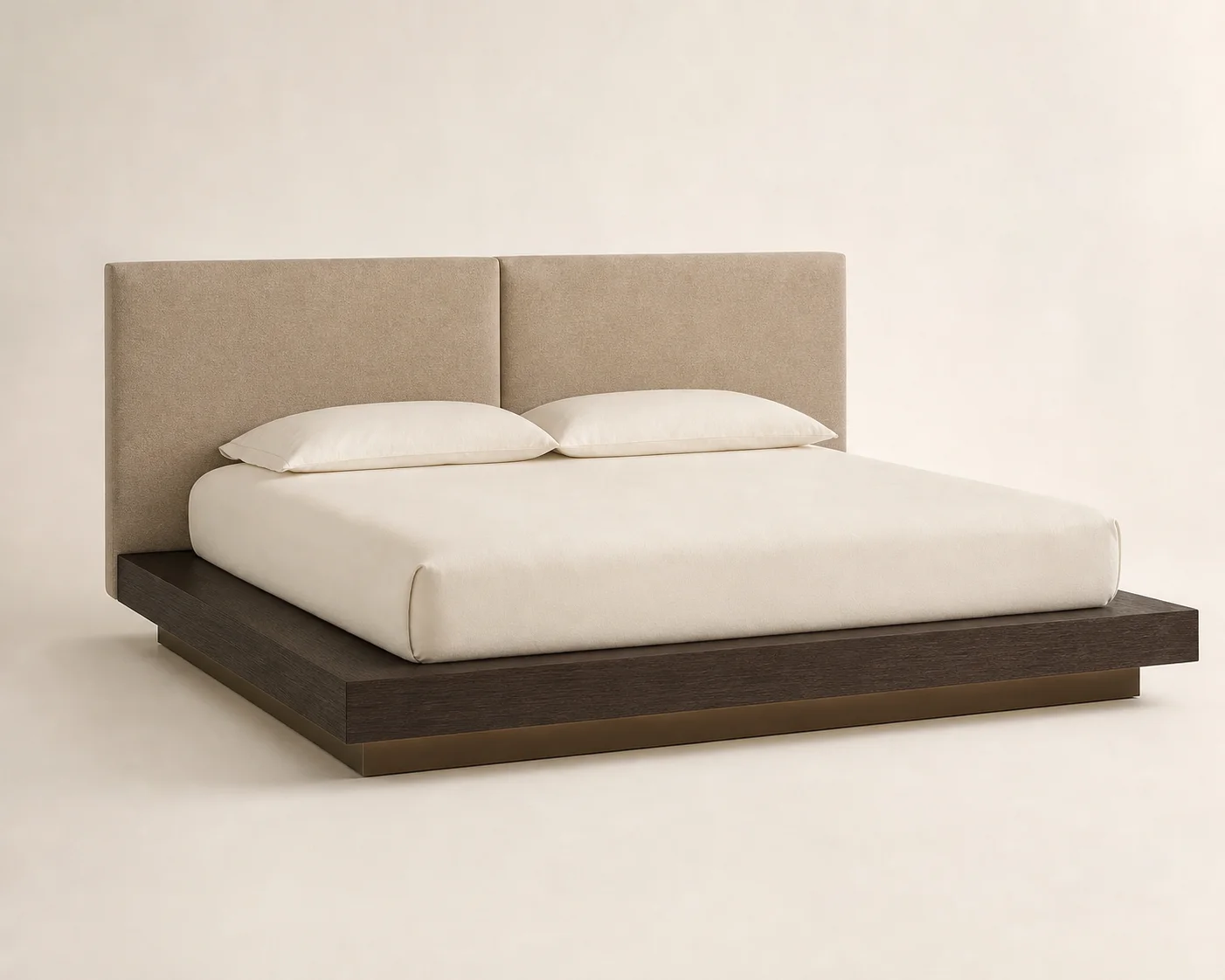 Tura Platform Bed studio concept visual in smoked oak, sand textile, bronze shadow line