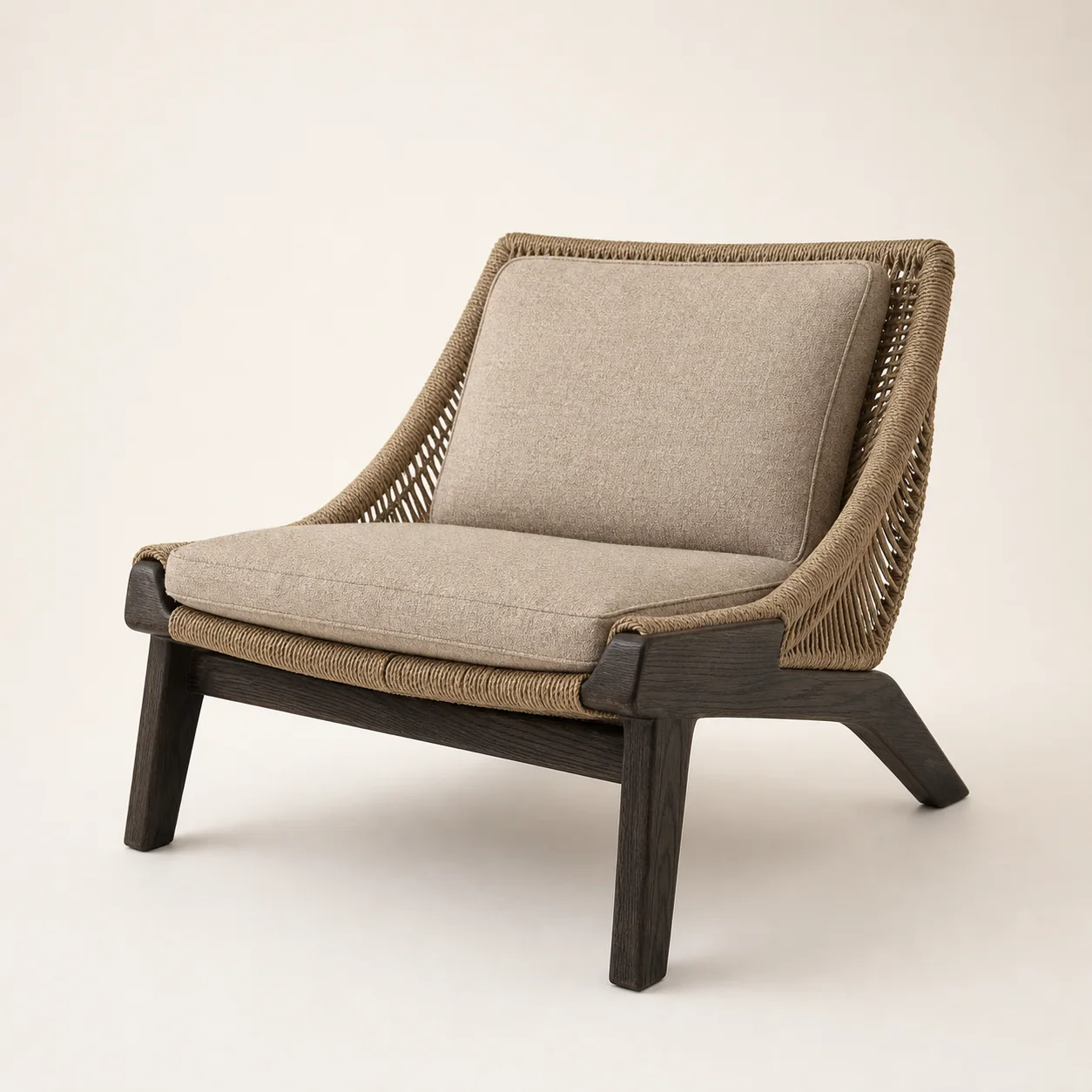 Wadi Lounge Chair studio concept visual in smoked oak, natural cord, sand cushion