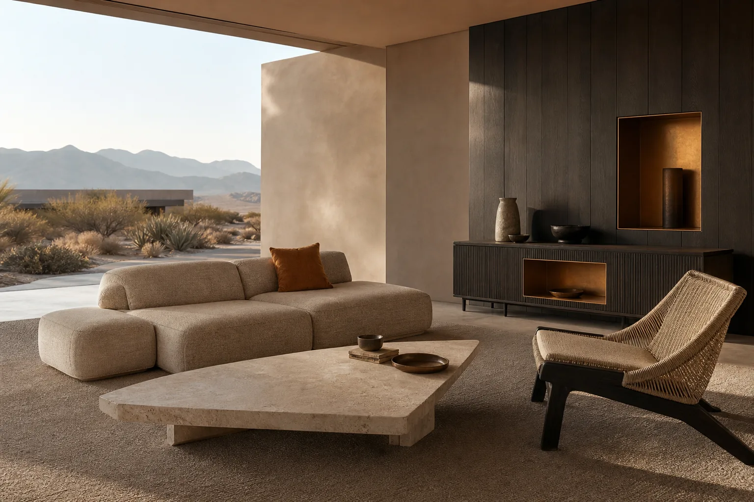 Desert modern suite with low clay sofa, woven chair and limestone table