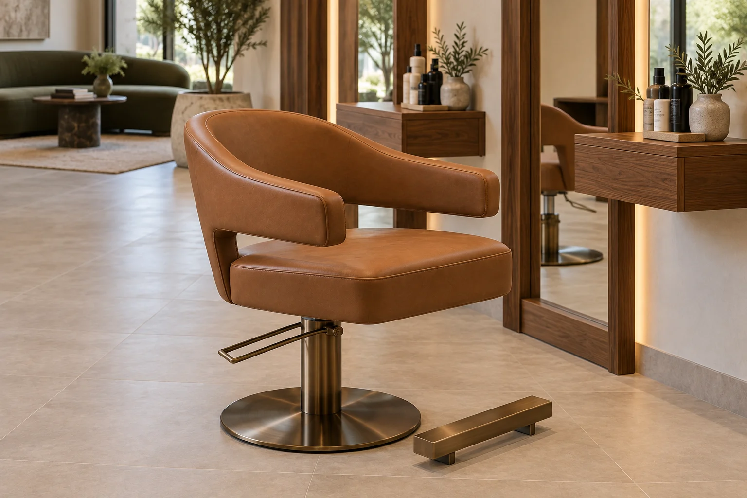Cognac horseshoe-back styling chair with bronze-tone hydraulic base
