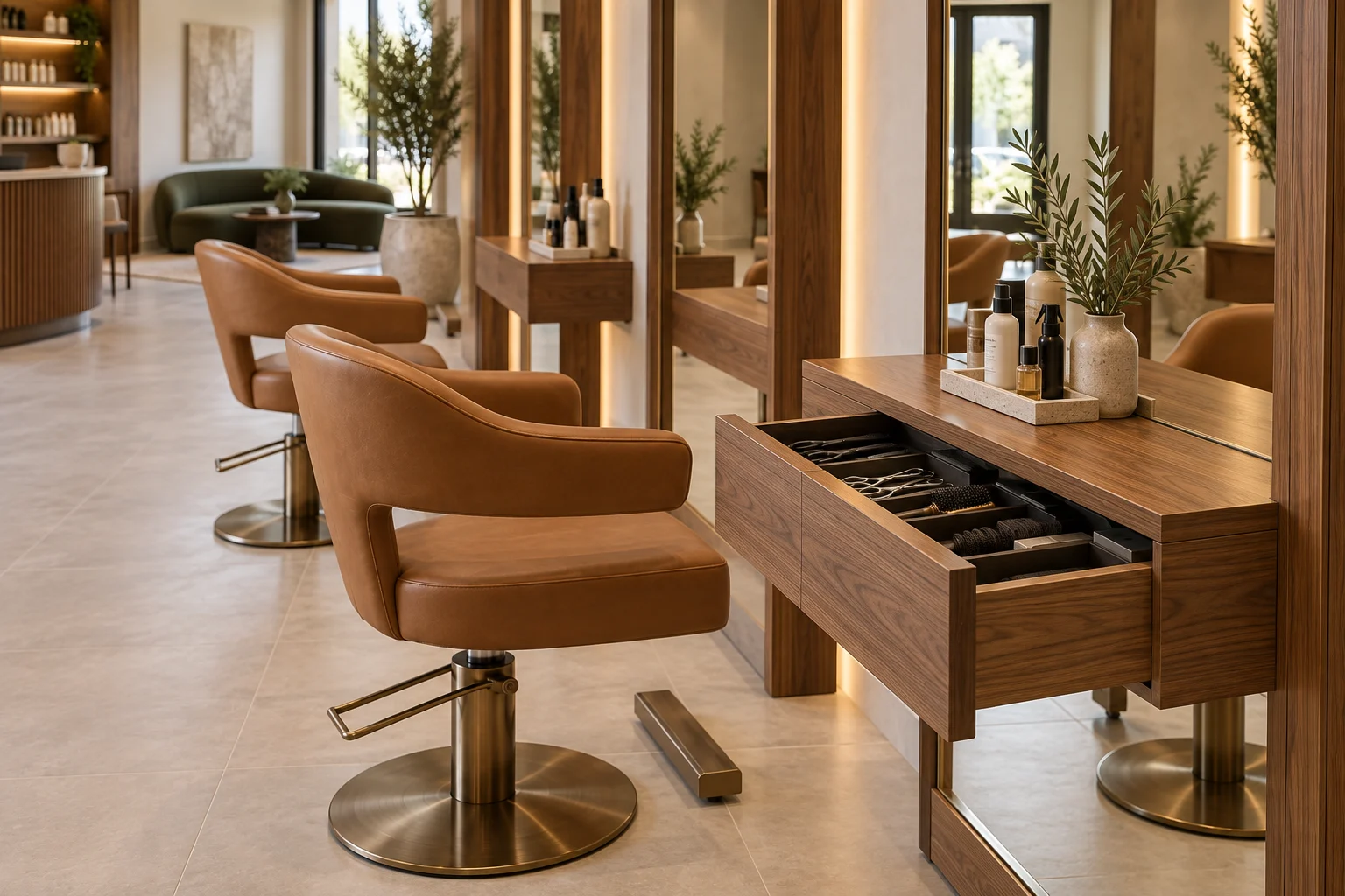 Walnut salon mirror console with organised drawer storage