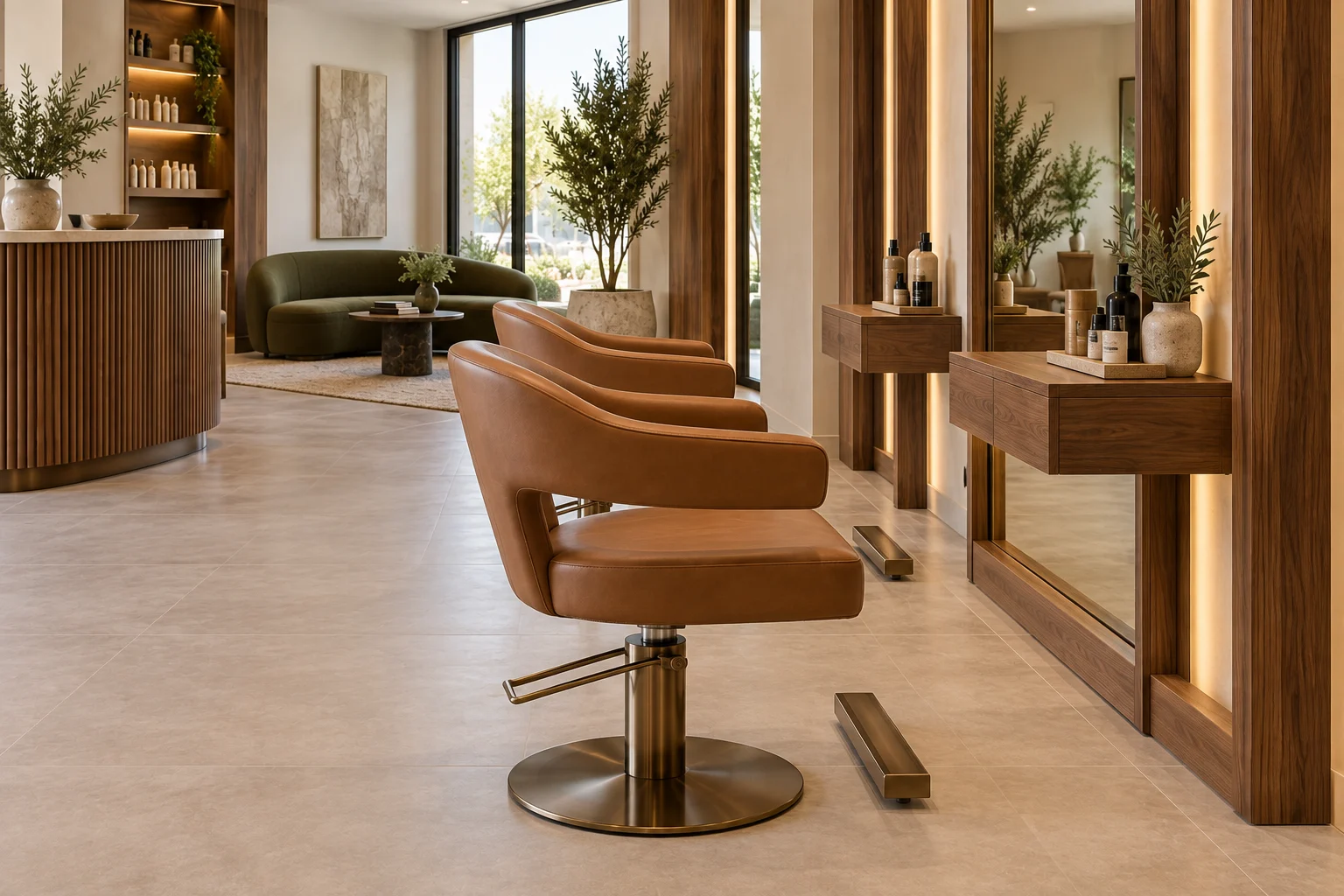 Cognac hydraulic salon chairs with walnut rectangular mirror stations