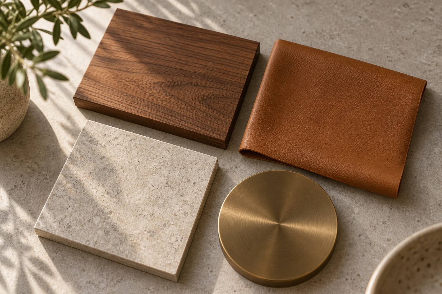 Cognac upholstery · Walnut veneer · Olive waiting upholstery · Brushed bronze tone physical material sample concept board