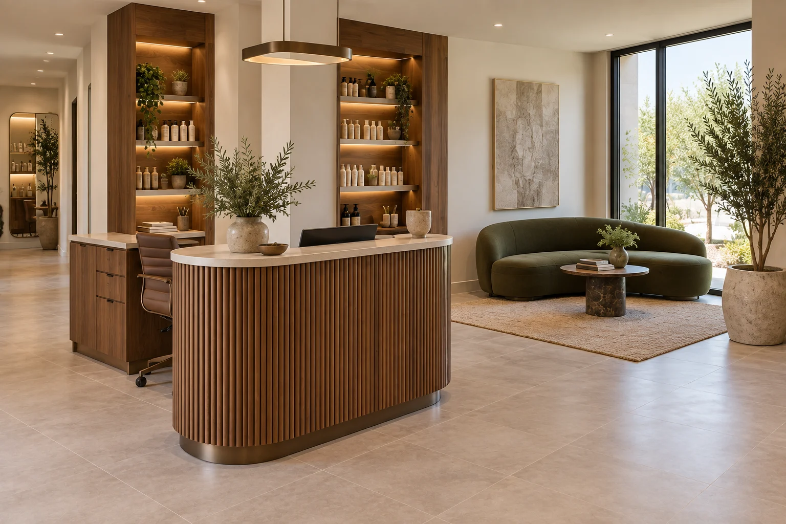 Fluted walnut salon reception and olive curved waiting sofa