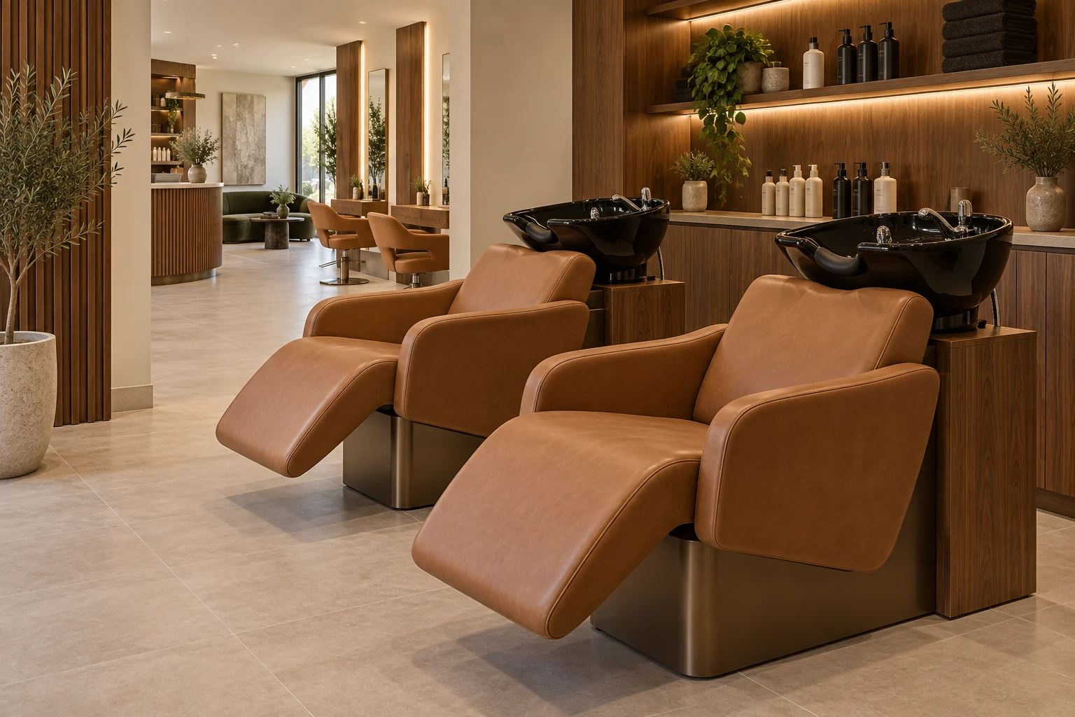 Cognac salon wash chairs with black ceramic shampoo basins