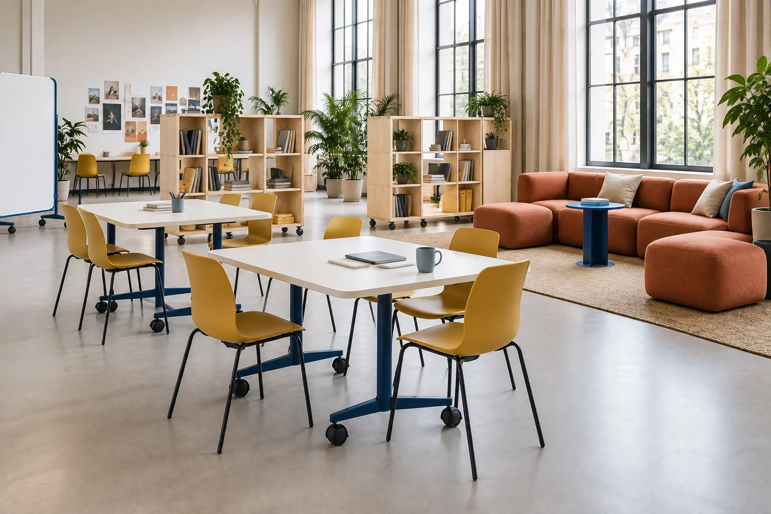 Flexible studio view linking mobile training tables, stackable chairs and modular sofas