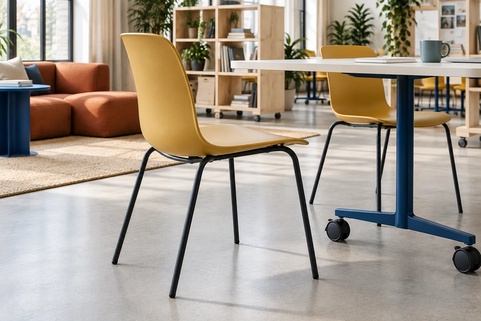 Mustard moulded-shell workshop chair on slender dark steel legs