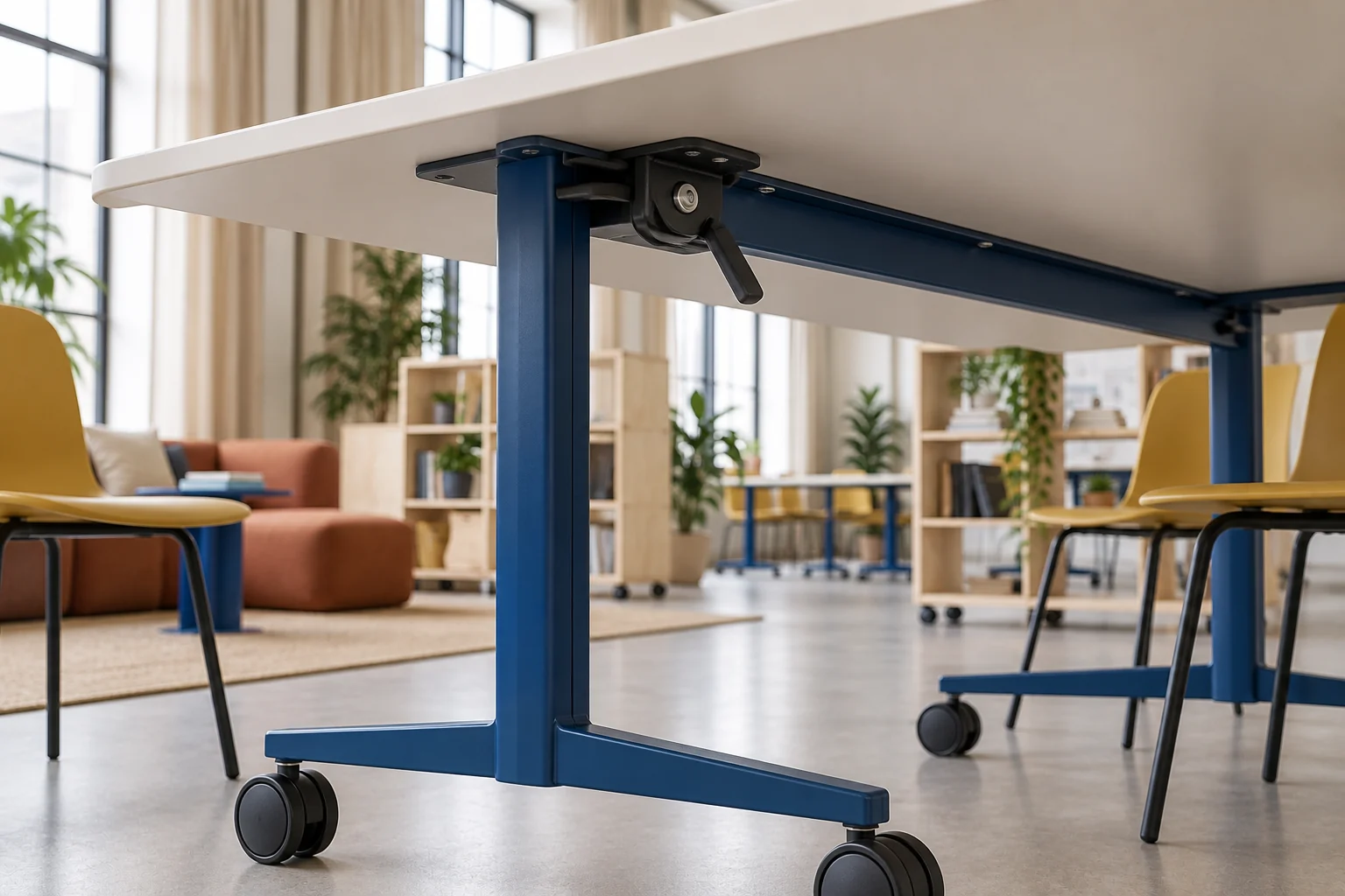 Close detail of a flip-top table pivot, locking control and blue caster base