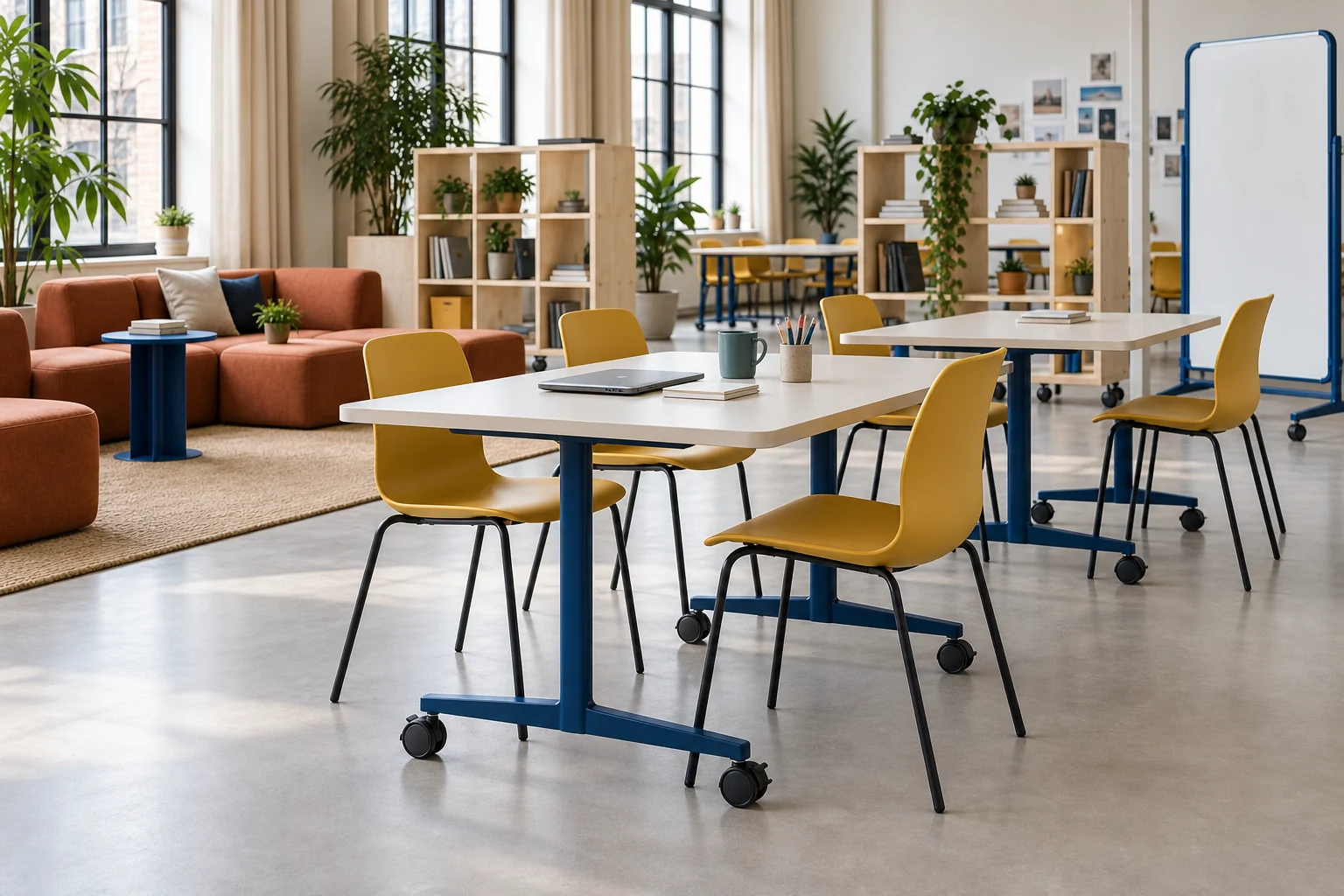Light flip-top workshop tables on blue caster bases with mustard shell chairs