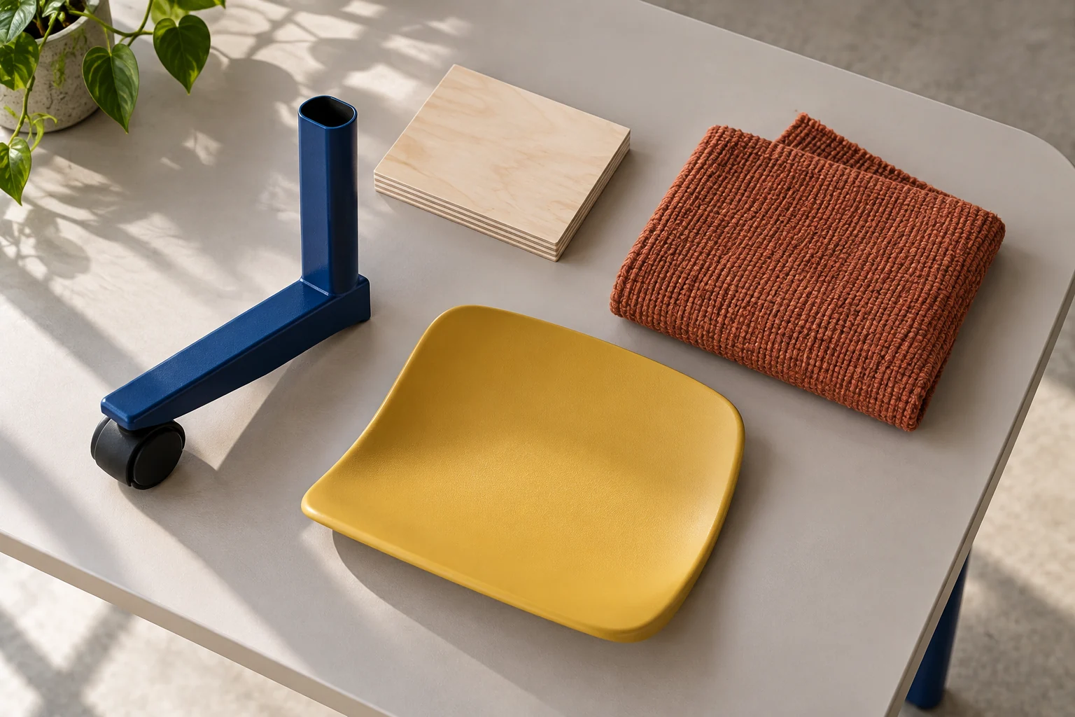 Warm-grey tabletop · Cobalt metal · Mustard chair shell · Terracotta upholstery physical material sample concept board