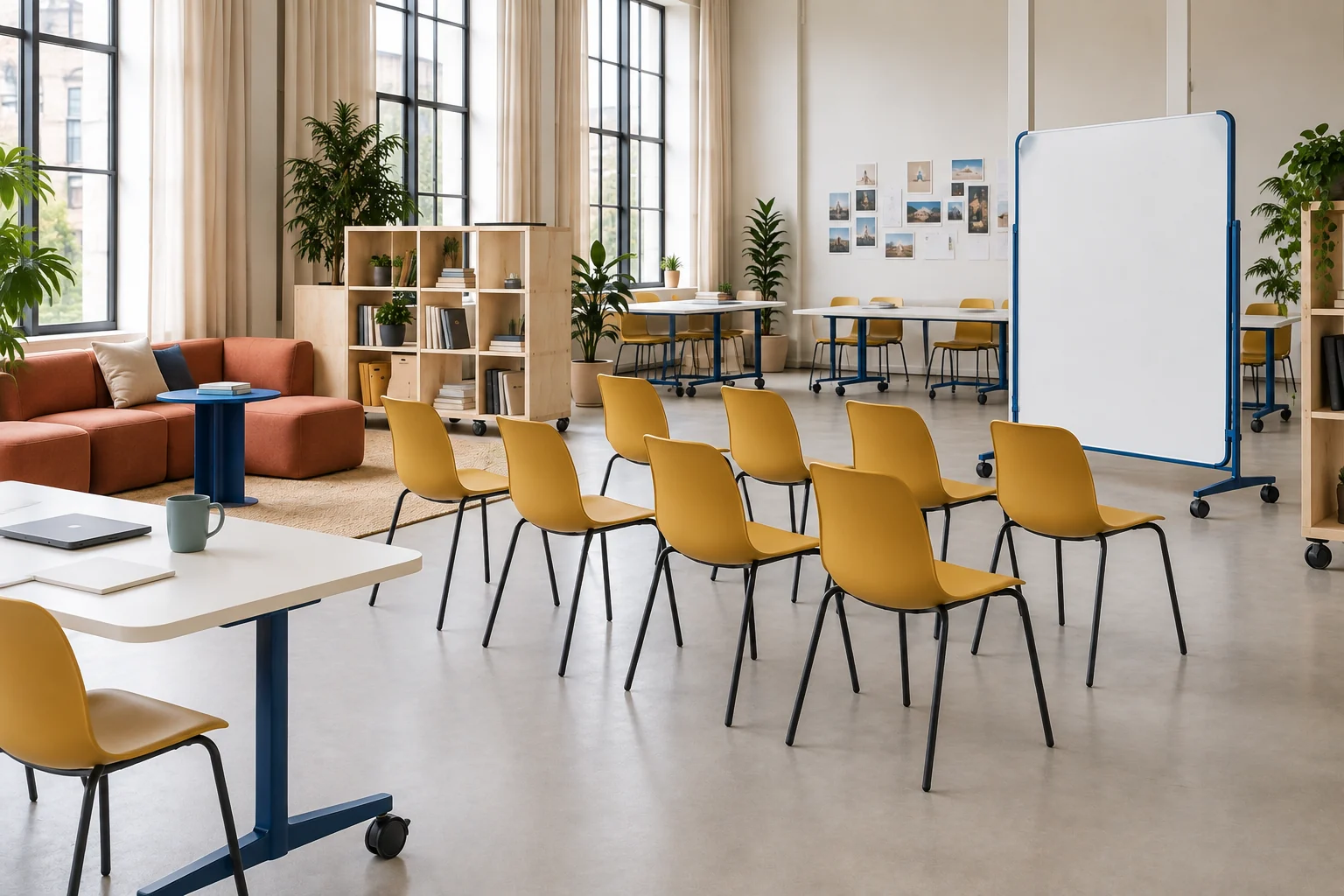 Mustard stackable chairs facing a mobile blue-frame presentation board