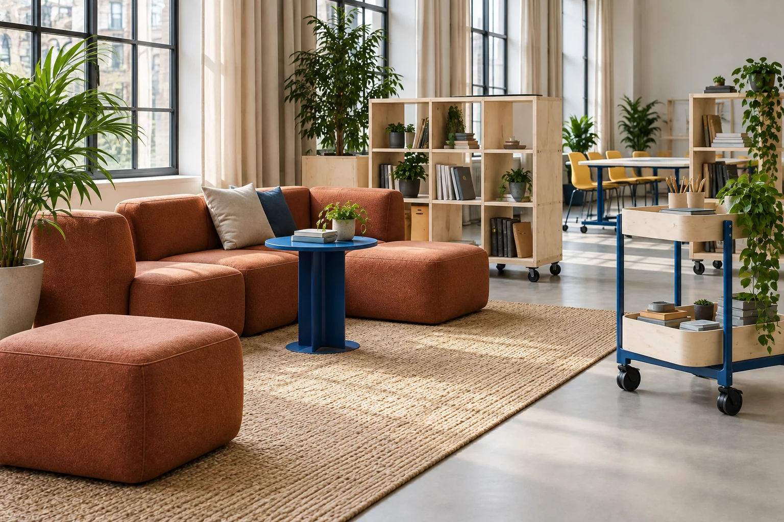 Terracotta modular sofas with a blue tray table and mobile birch shelving
