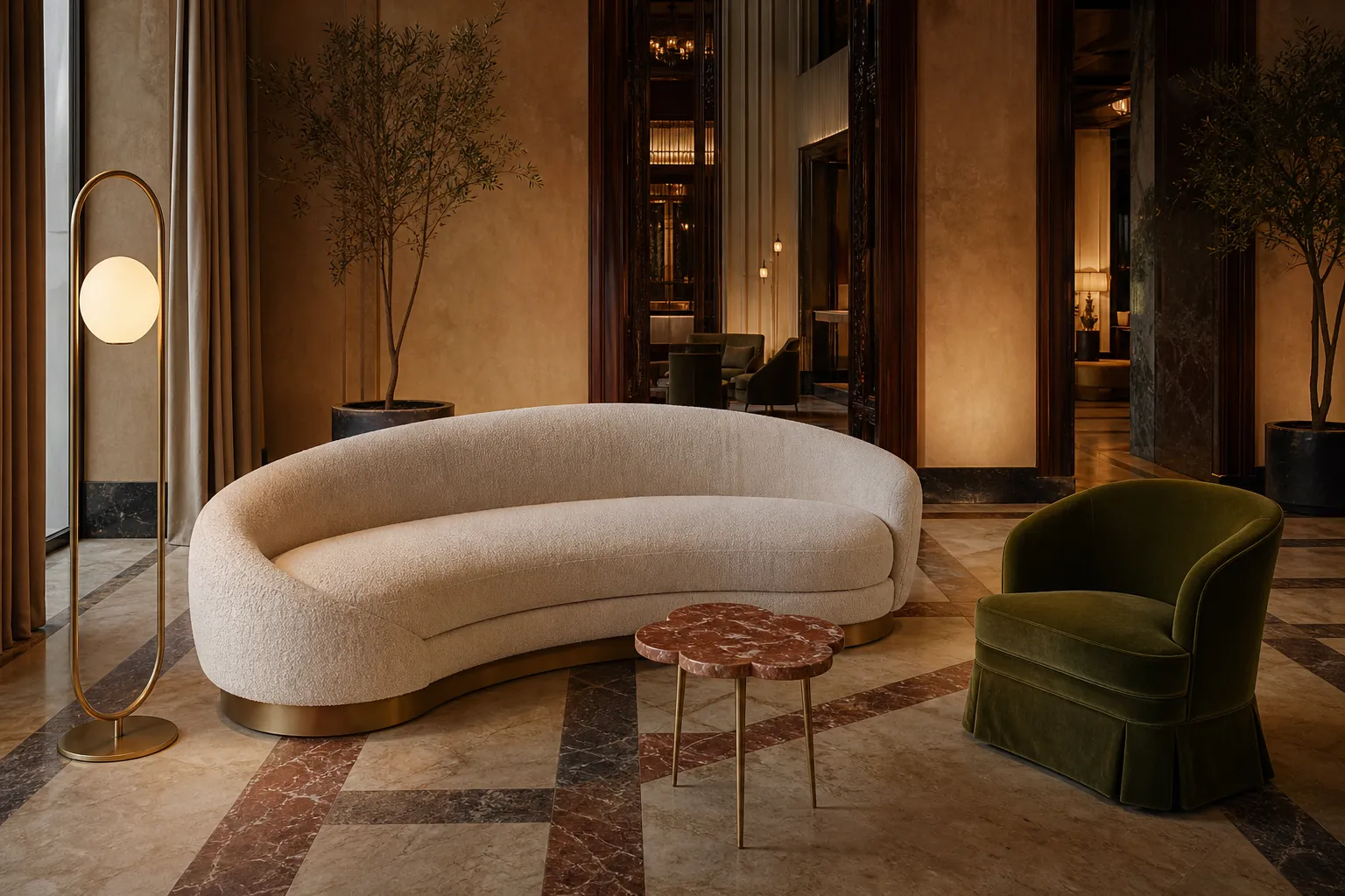Grand Tour hotel lobby with curved sofa, skirted club chair and brass lighting