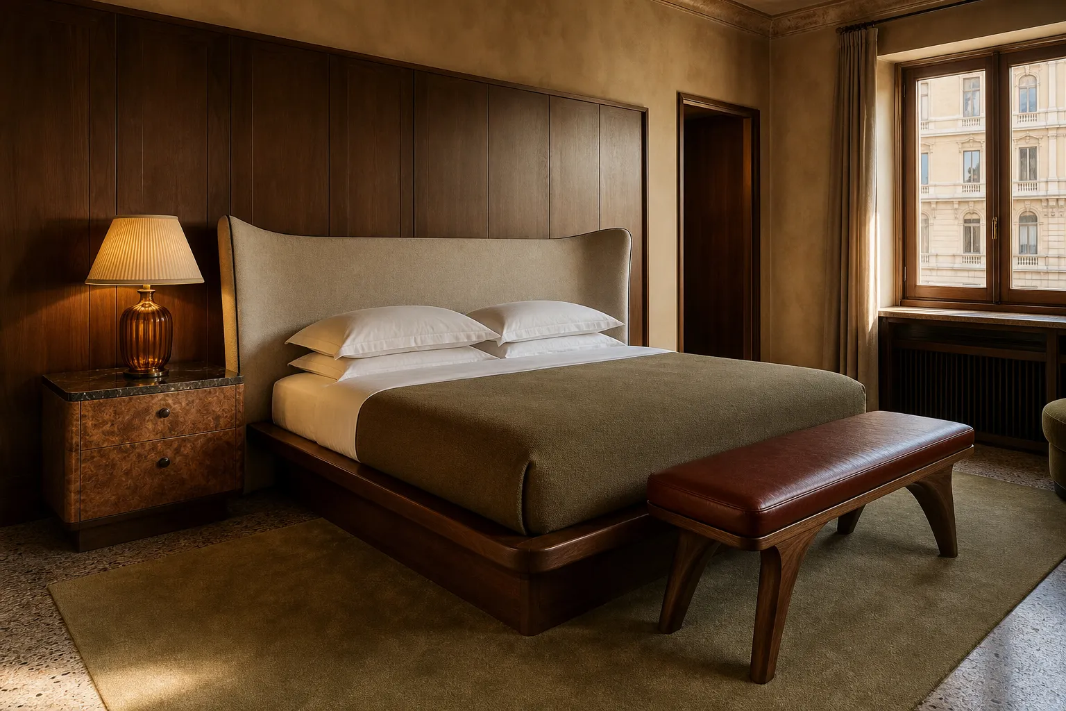 Vintage modern hotel guest room with walnut, oxblood and pleated glass details