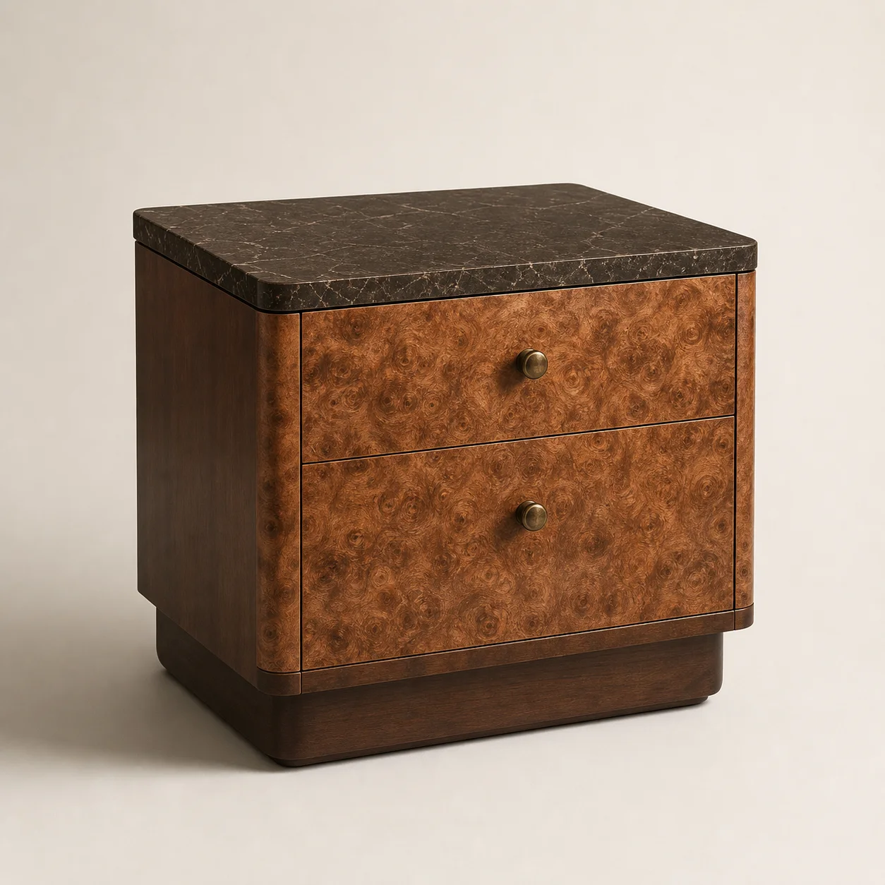 Astor Burl Nightstand studio concept visual in high-sheen burl, deep brown stone, aged brass
