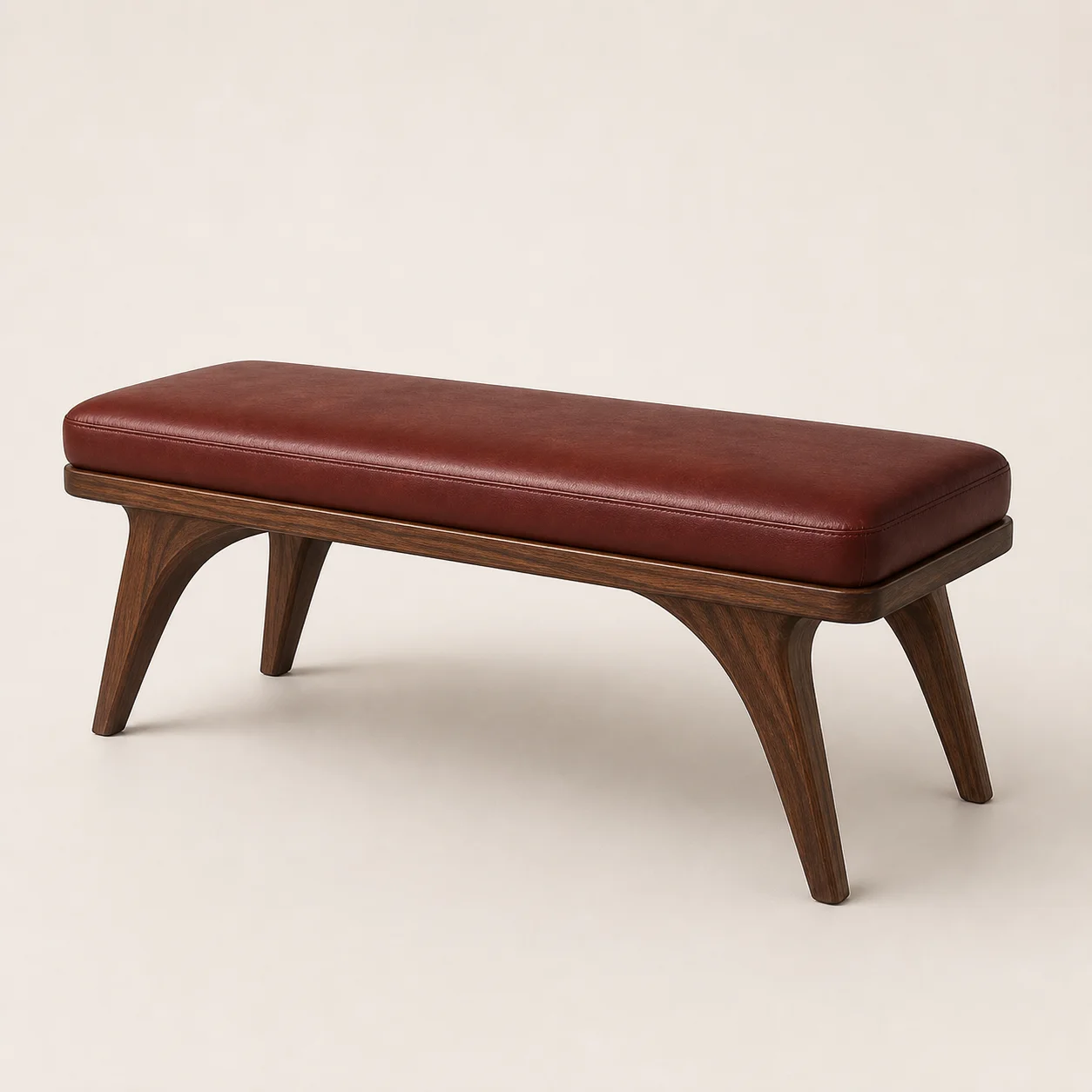 Bellini Valet Bench studio concept visual in dark walnut, oxblood leather