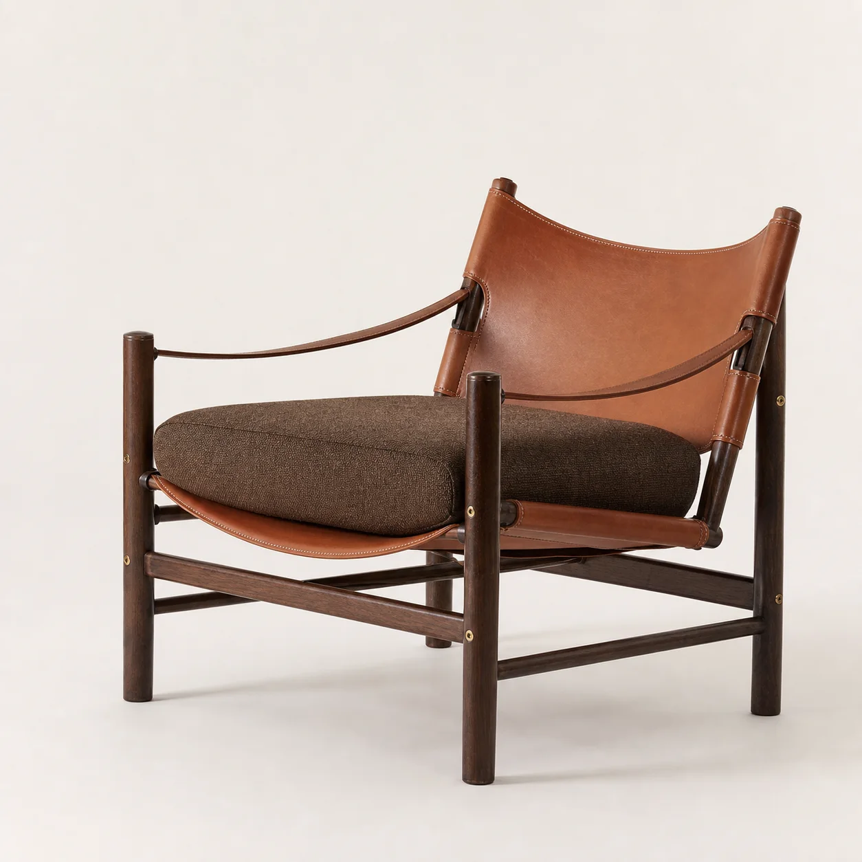 Capri Sling Lounge Chair studio concept visual in dark walnut, cognac leather, tobacco weave