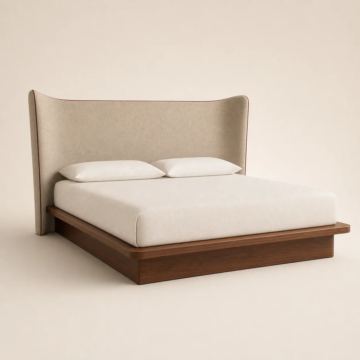 Portofino Wing Bed studio concept visual in tobacco walnut, warm oatmeal textile, oxblood piping
