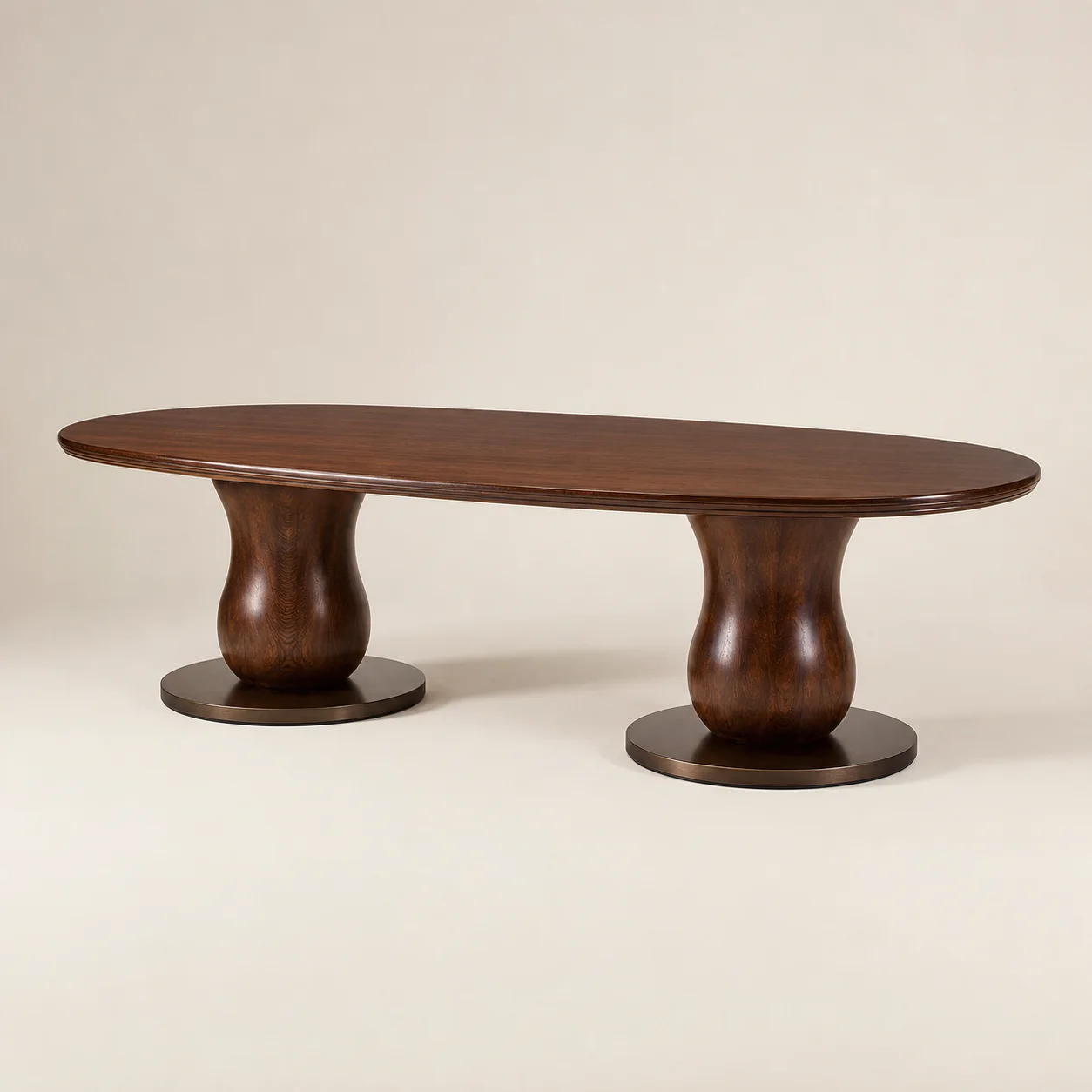 Riviera Oval Dining Table studio concept visual in gloss walnut, dark-bronze foot detail