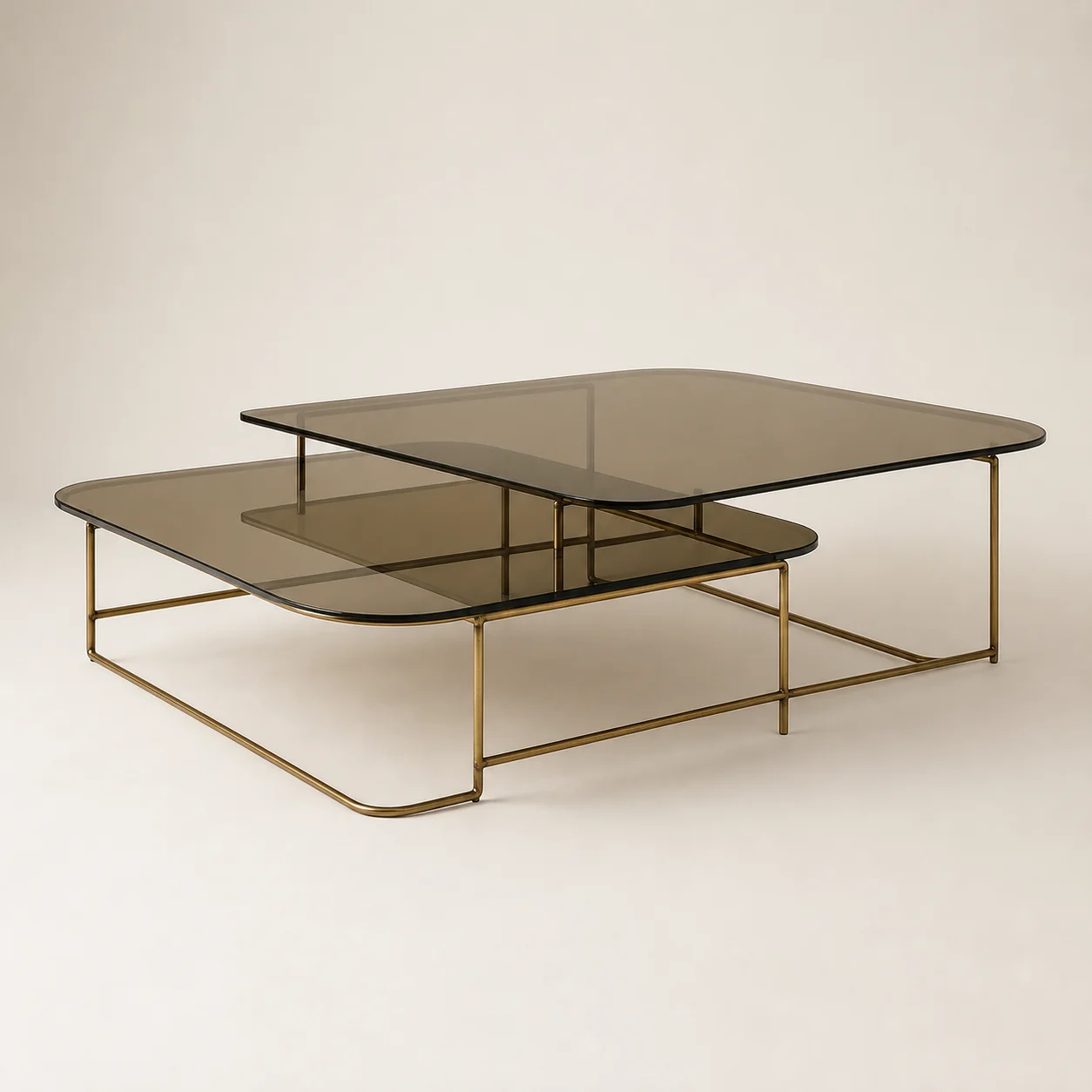 Varenna Smoked Glass Table studio concept visual in bronze glass, burnished brass