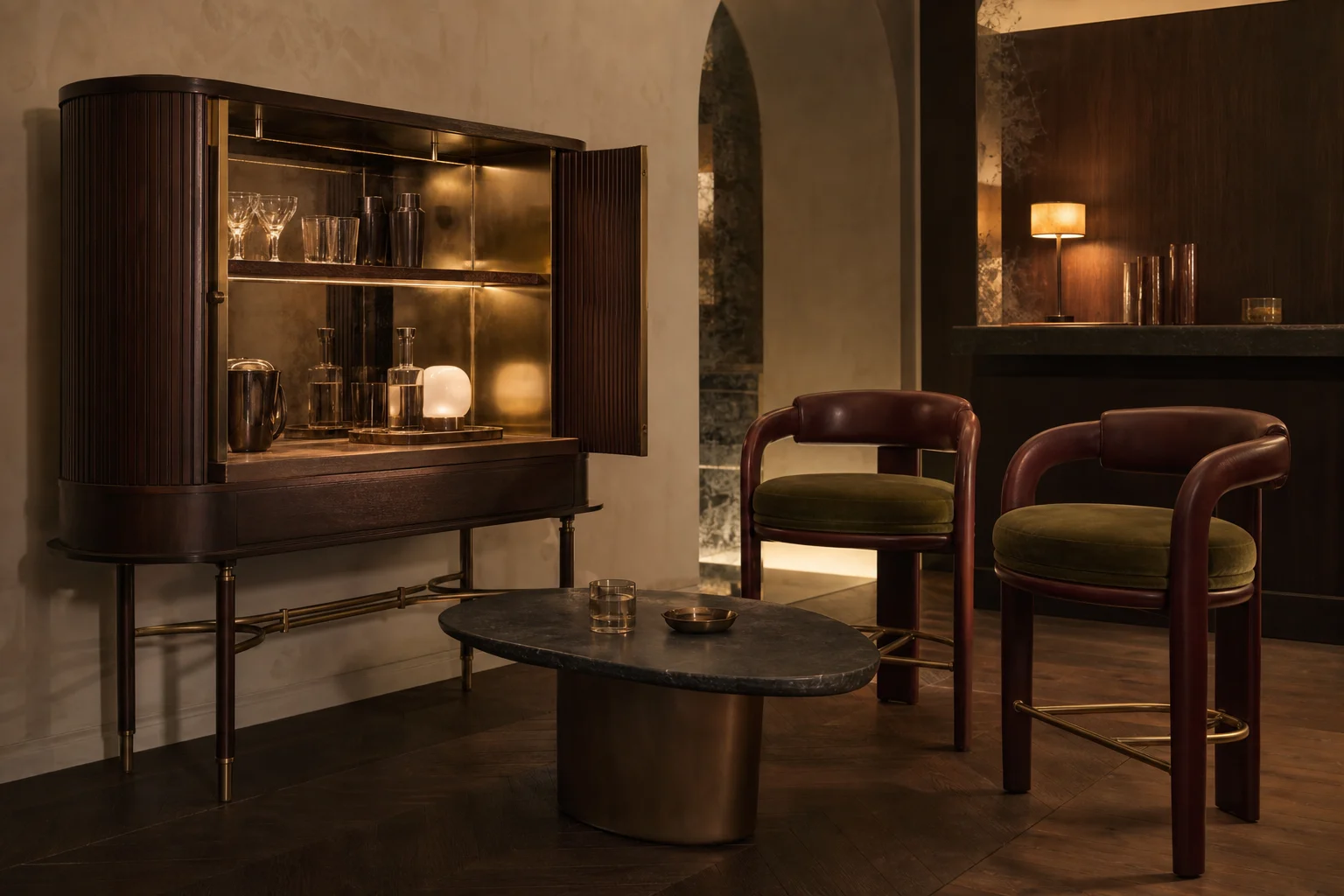 Grand Tour cocktail salon with walnut bar cabinet and upholstered stools