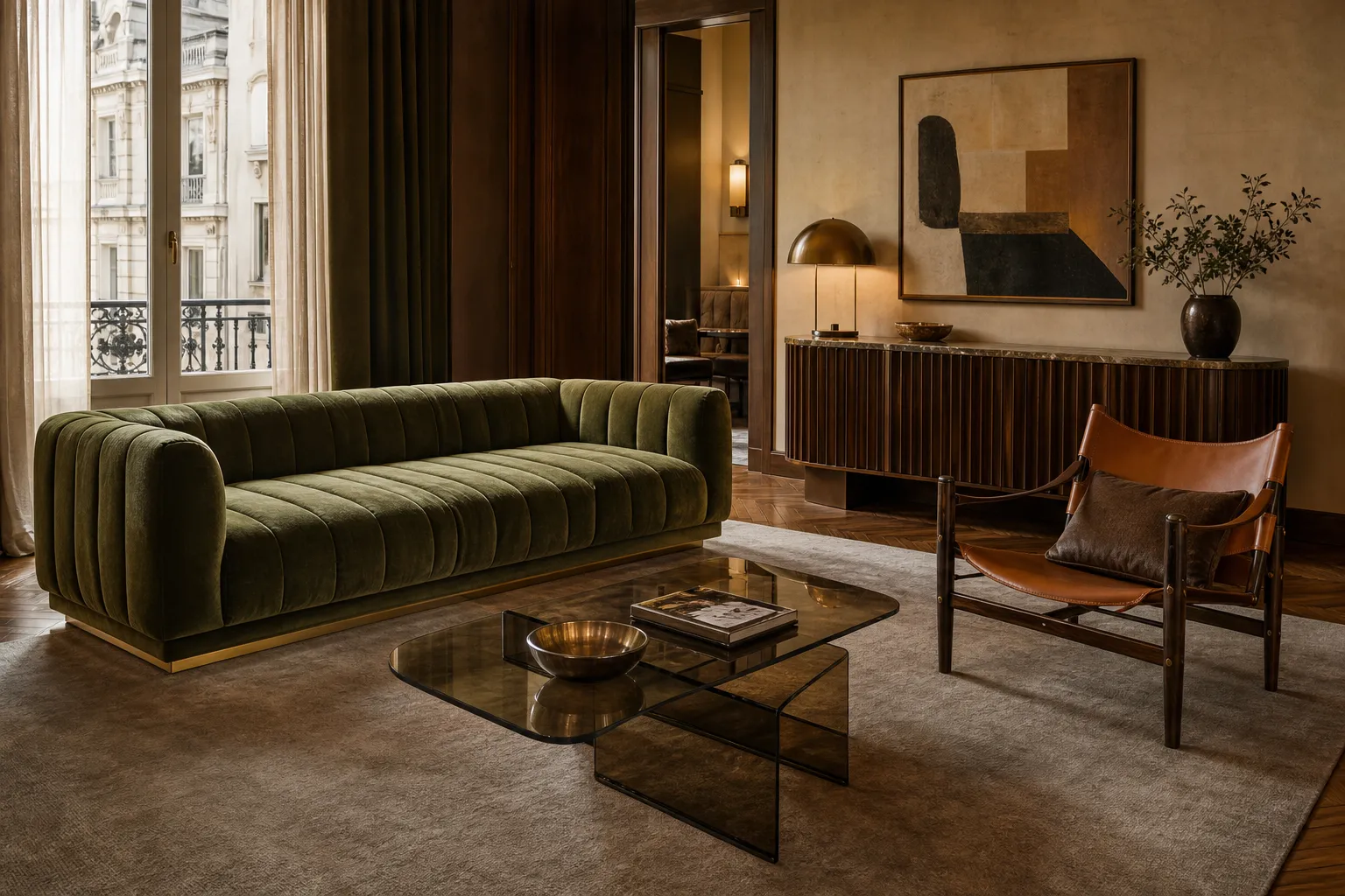 Grand Tour hotel suite with channelled sofa, sling chair and smoked glass table