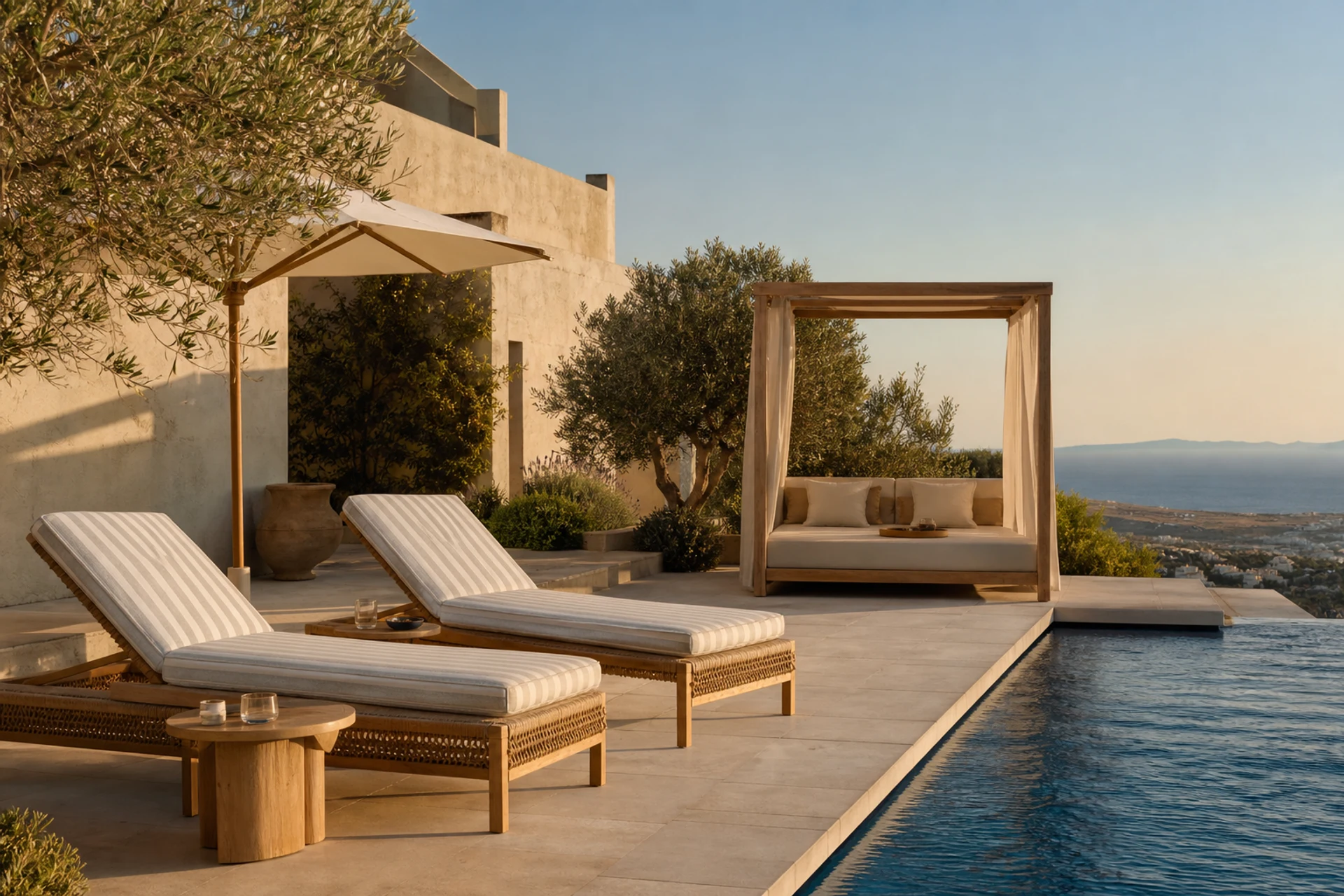 Mediterranean hotel pool terrace with teak chaise lounges, cabana and pale stone