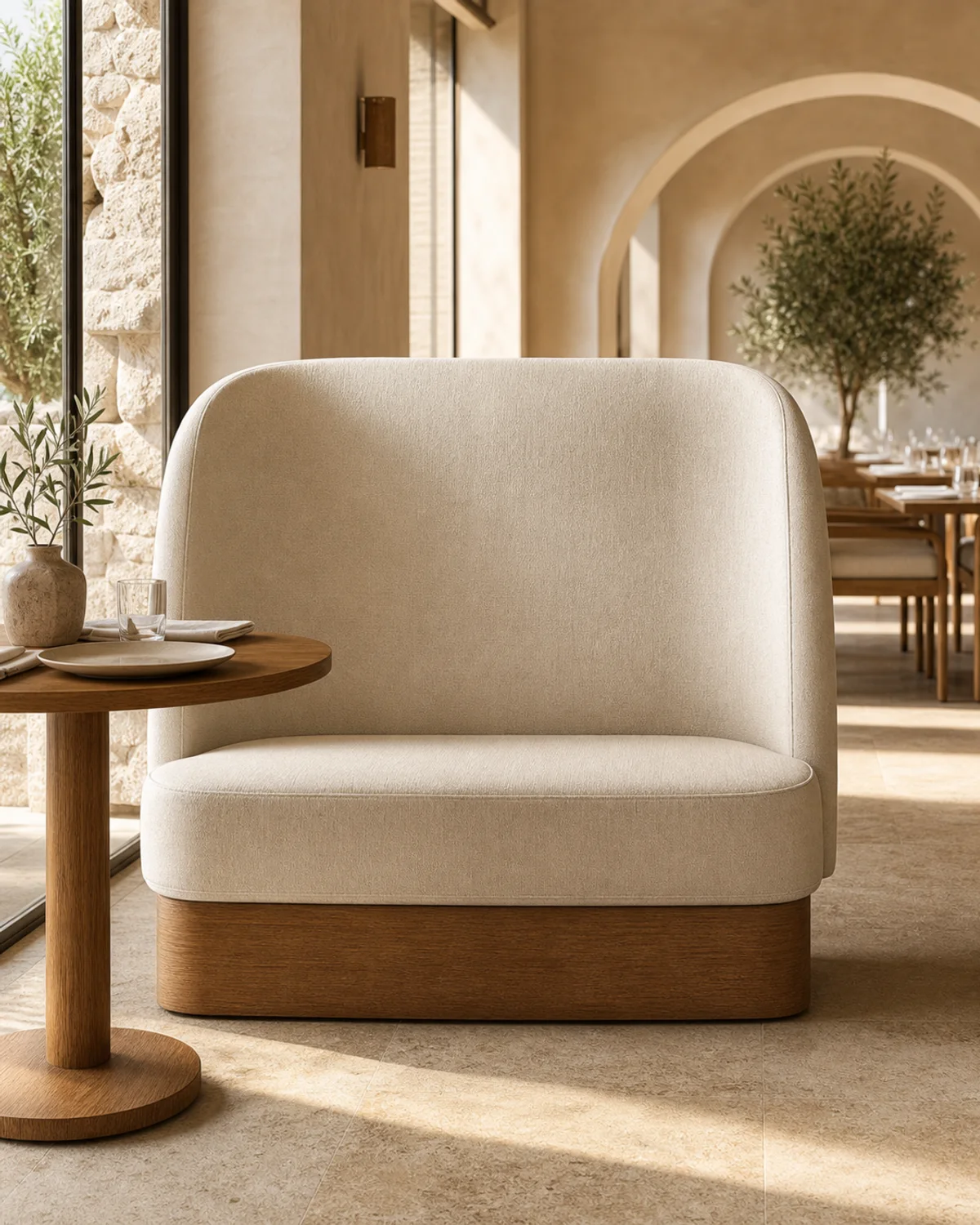 Cove curved dining banquette end module in warm ivory upholstery