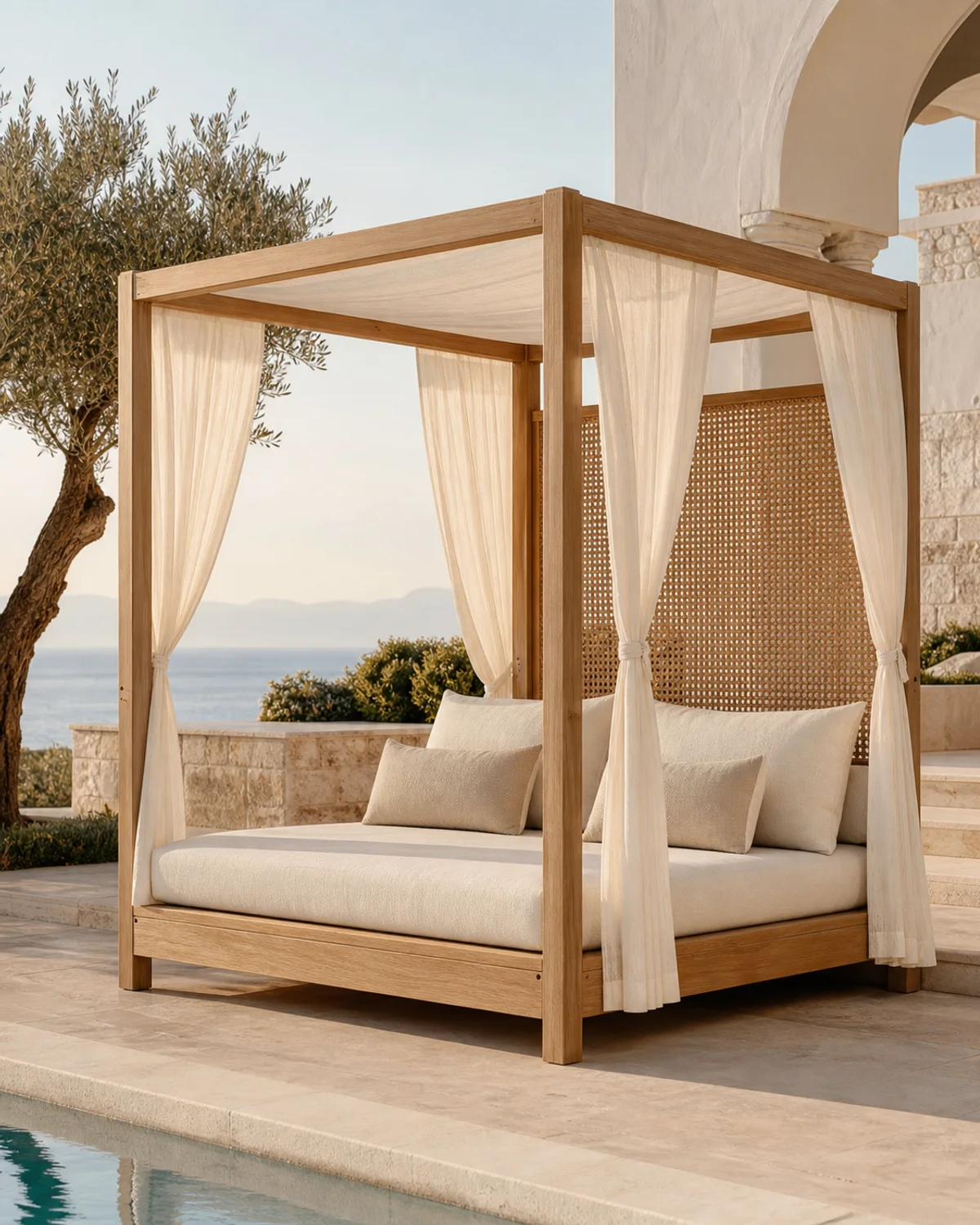 Vela teak resort cabana daybed with pale canopy and woven screens
