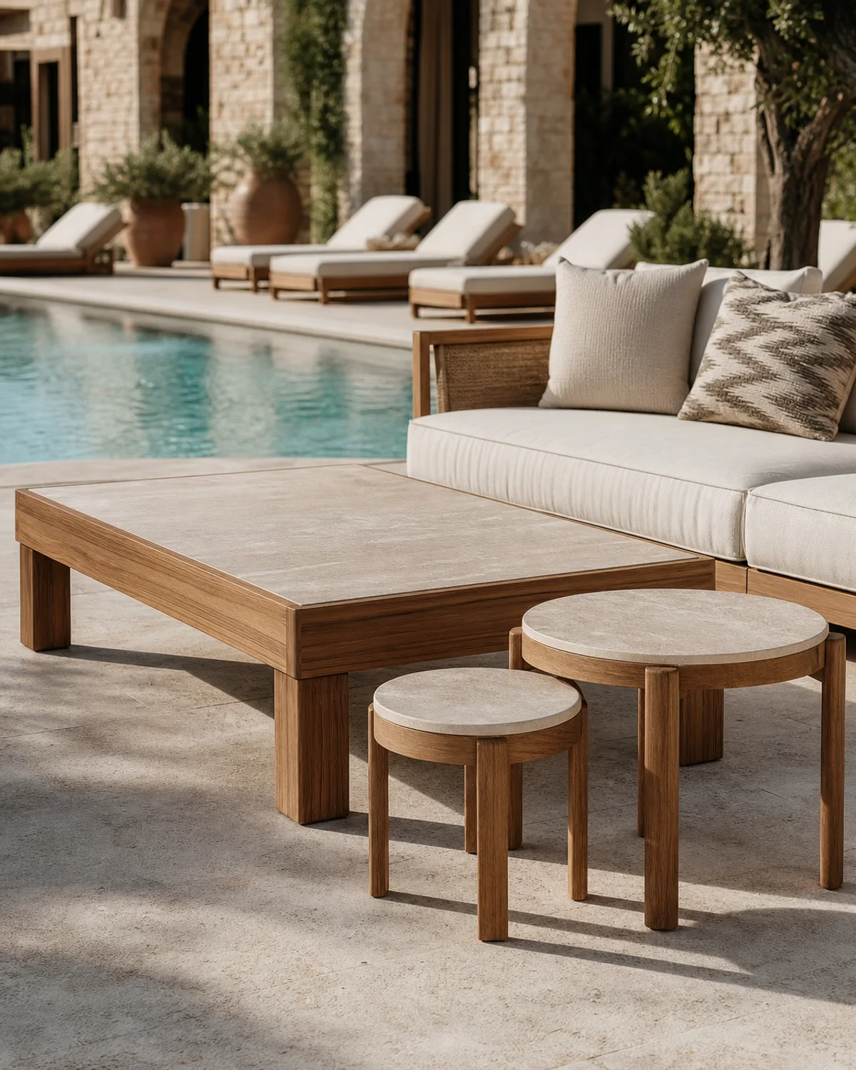 Parga teak outdoor coffee and nesting side table set beside pool seating