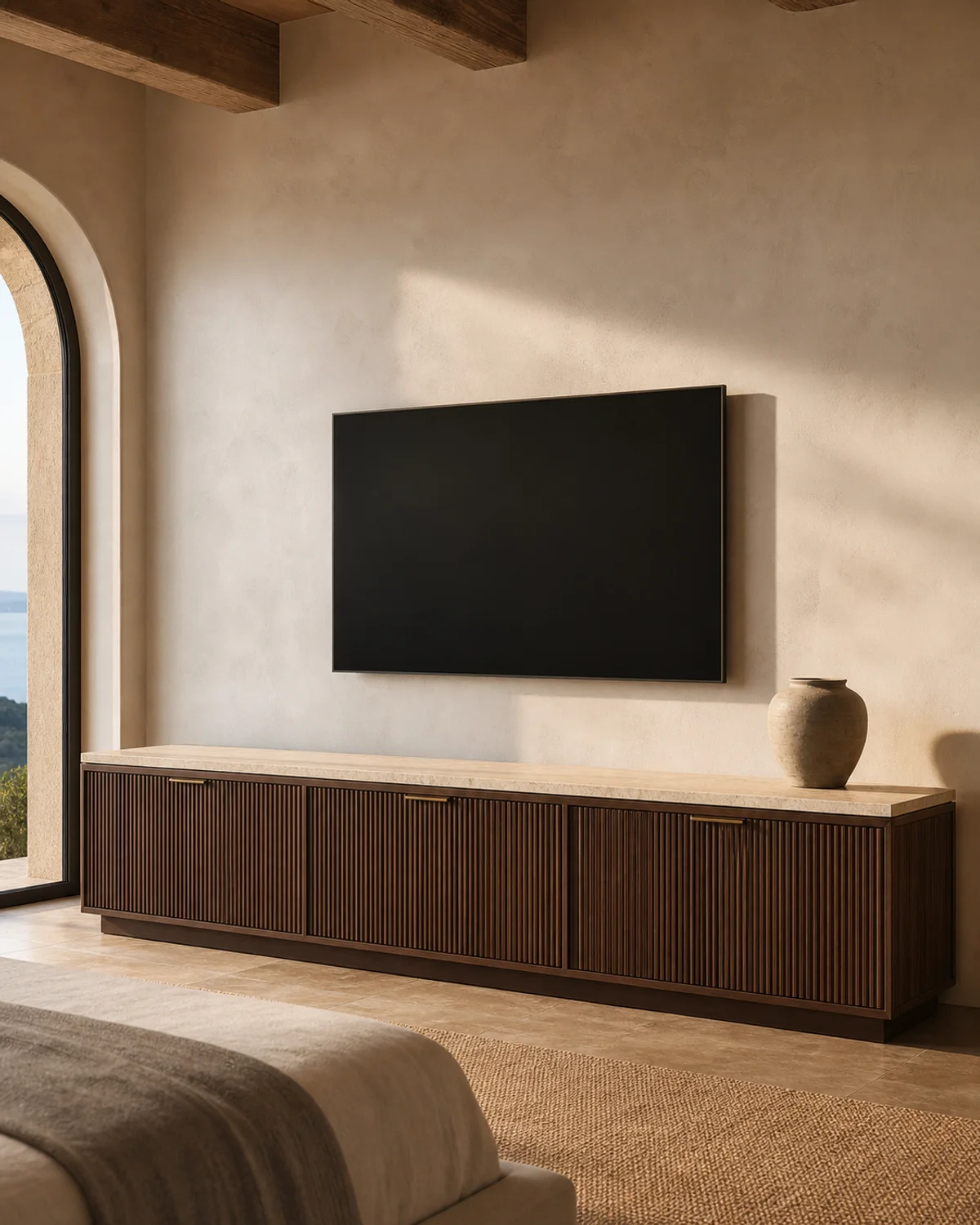 Arco low fluted oak media console beneath a television