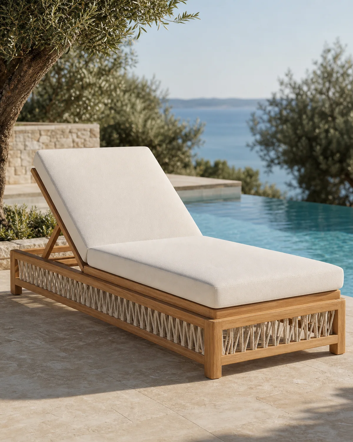 Sol teak hotel pool chaise with woven rope sides and pale cushion