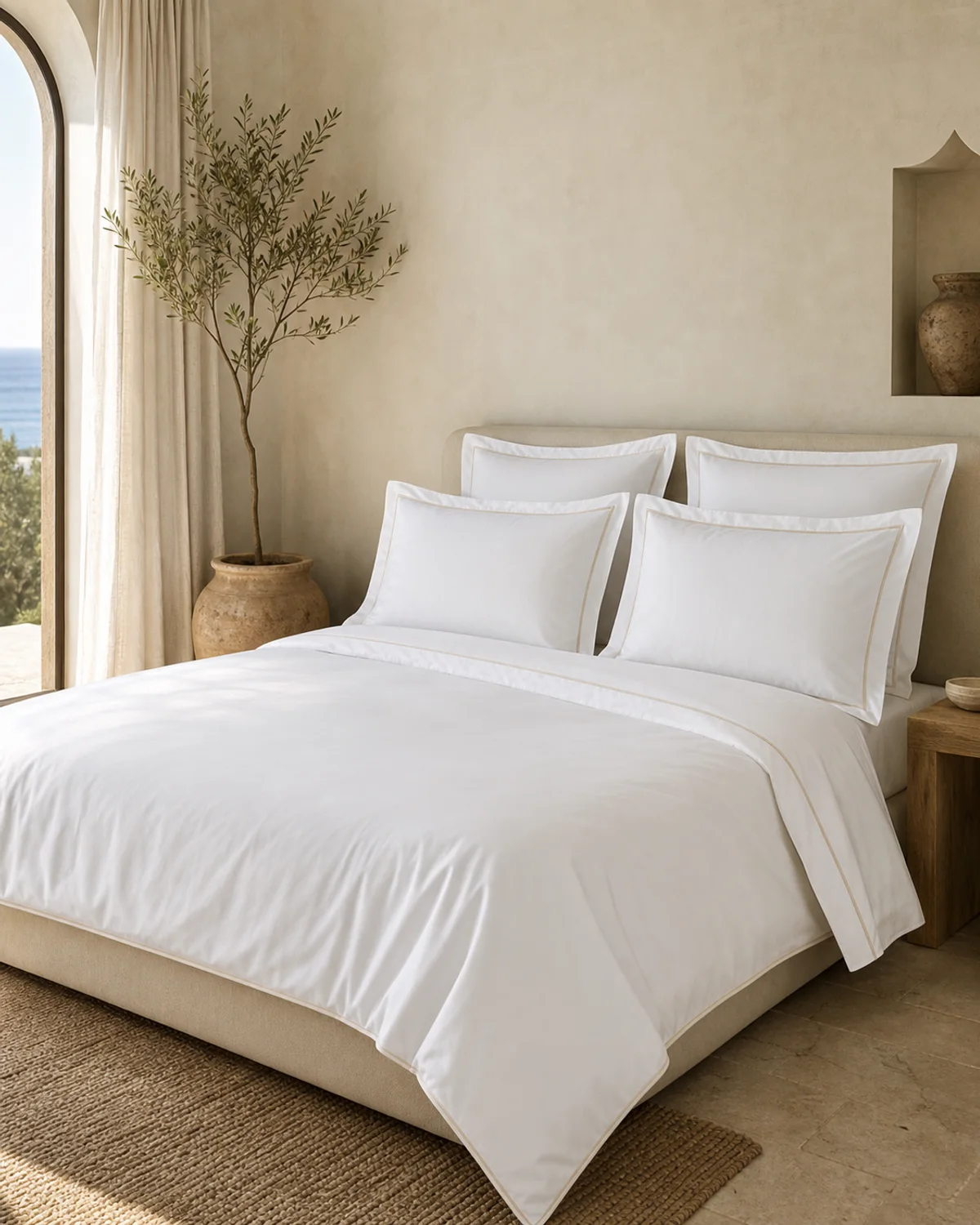 Asteria white hotel linen set in a contemporary Mediterranean guest room
