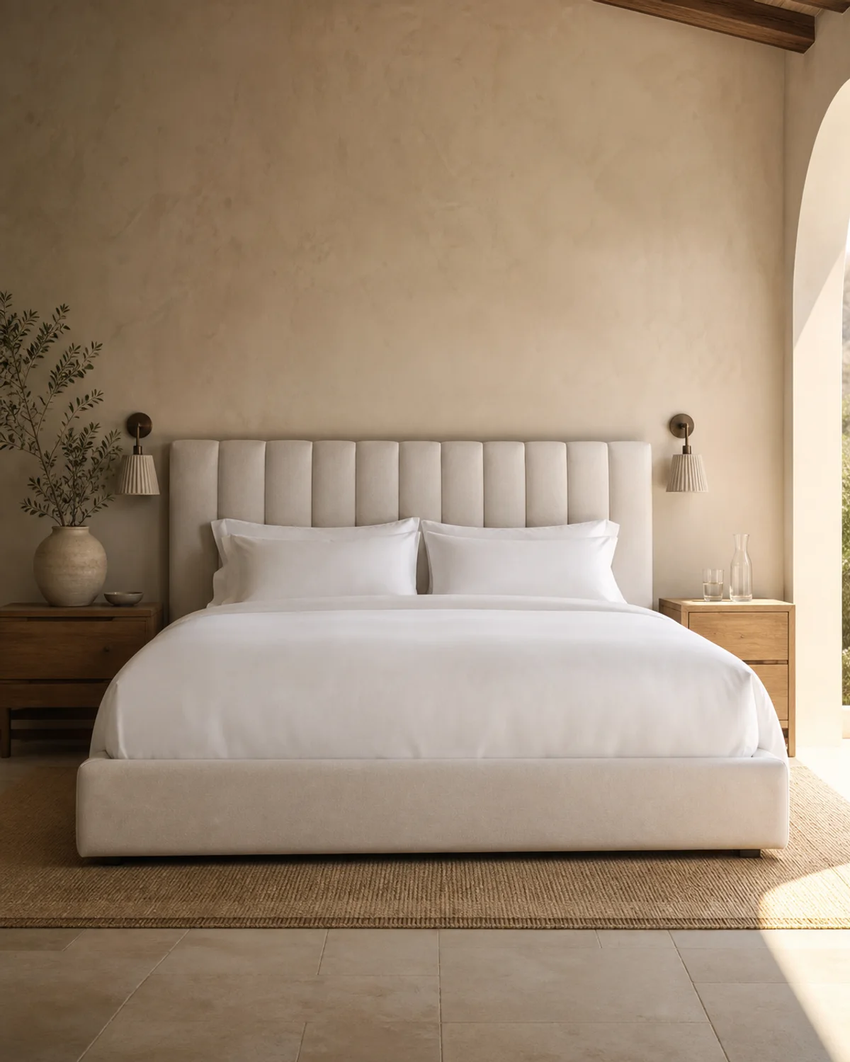 Cala upholstered hotel bed with pale oak plinth and warm linen headboard