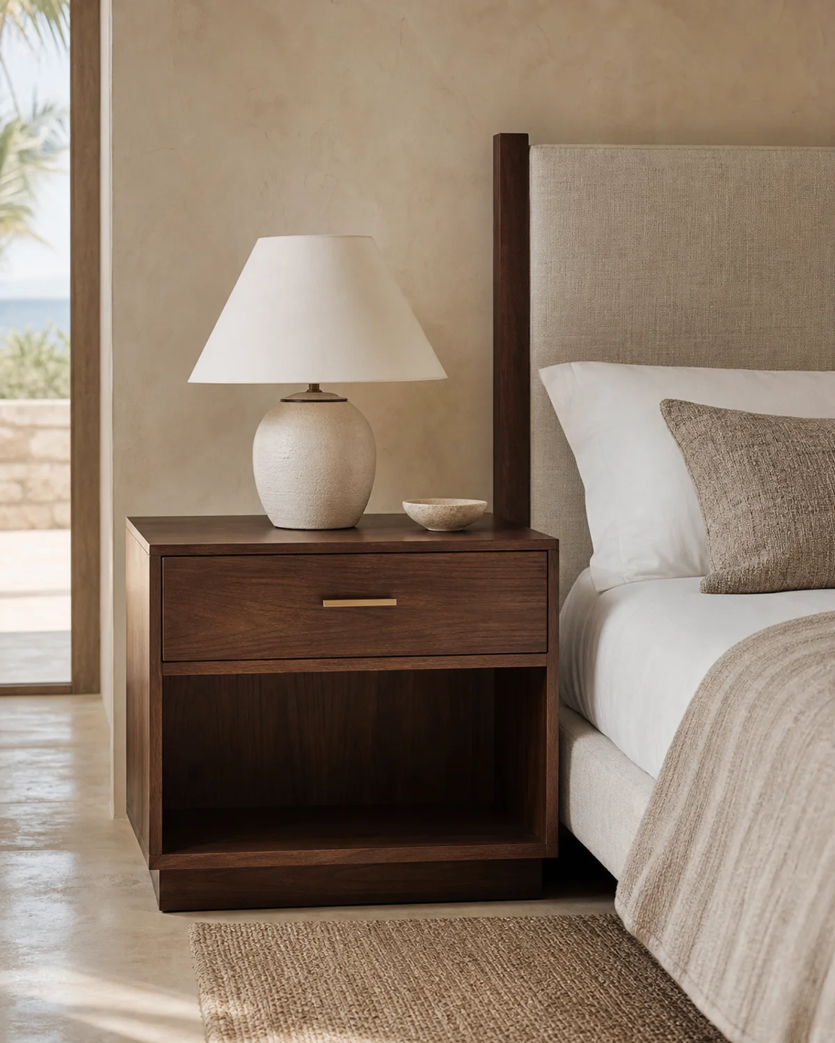 Solene Mediterranean hotel night table with oak casework and stone top