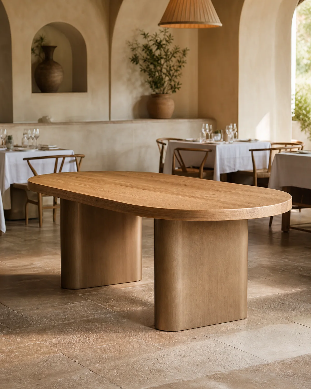 Tavola oval oak dining table with sculptural pedestal bases
