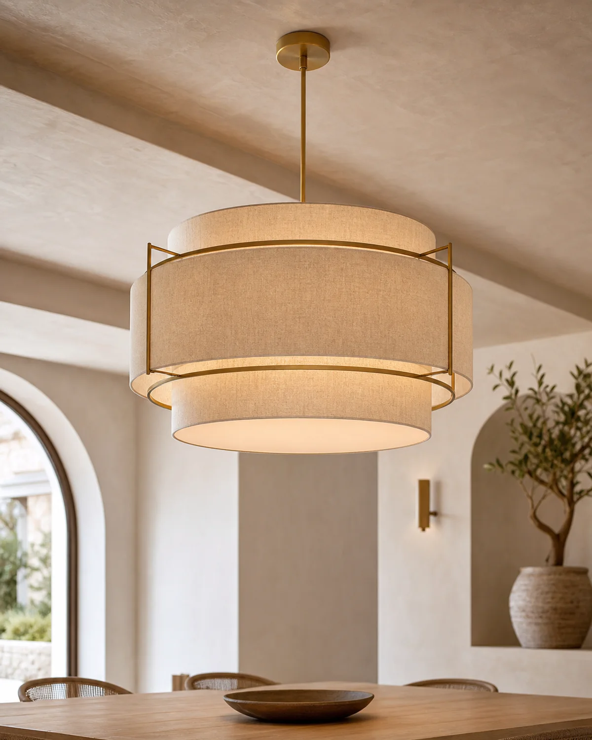 Luma layered linen pendant with aged-bronze frame