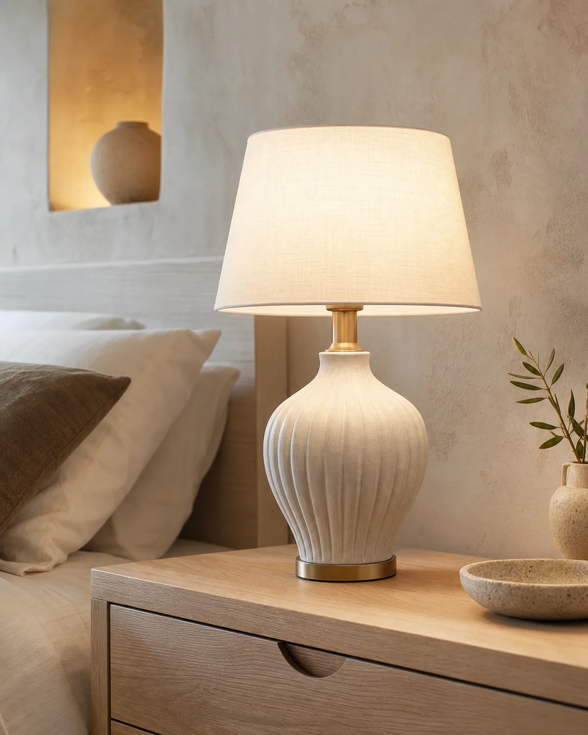 Terra ribbed ceramic table lamp with natural linen shade