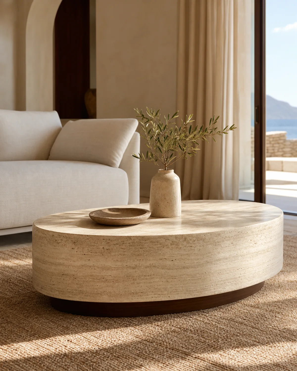 Milos round travertine coffee table in a Mediterranean suite