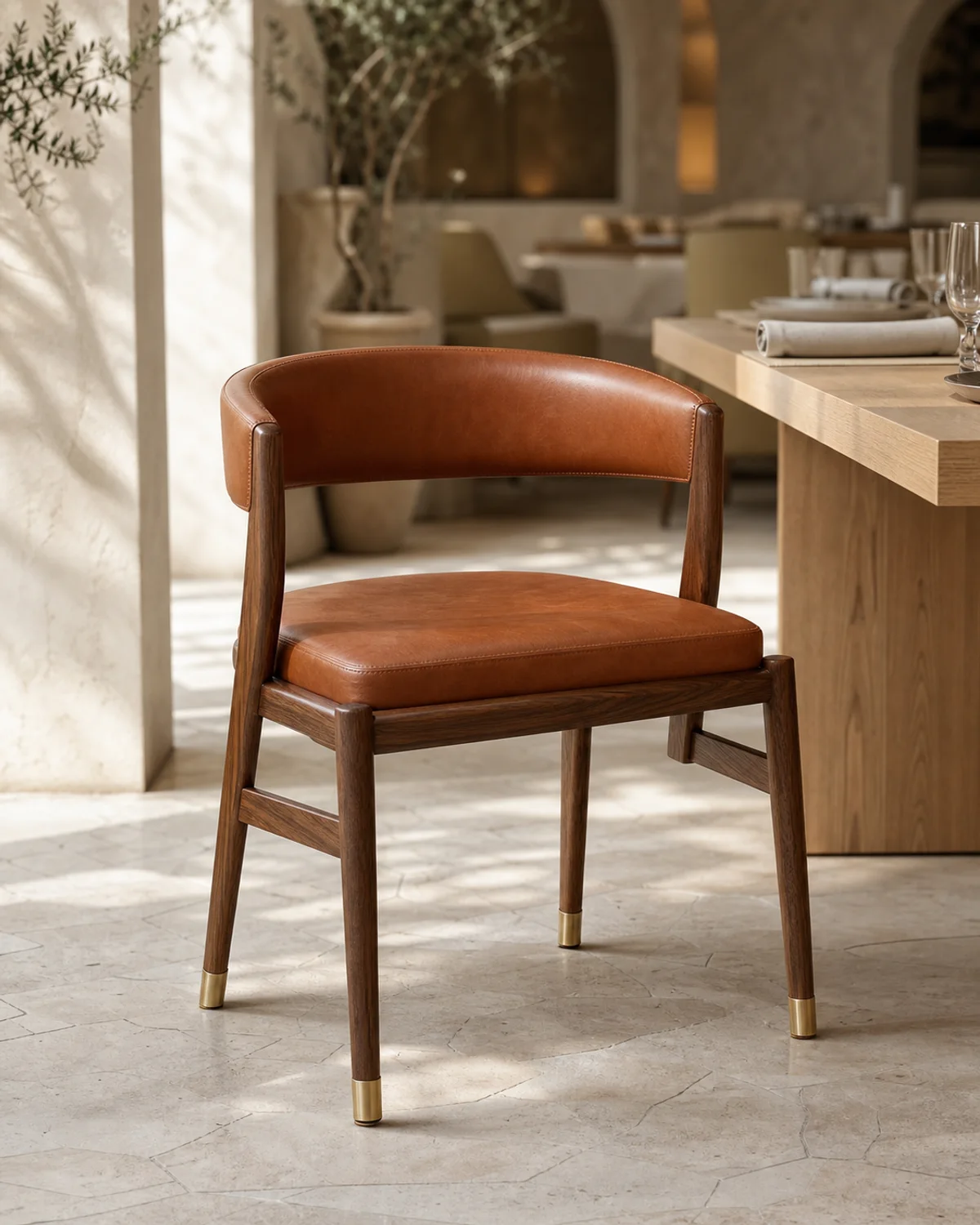 Riva timber restaurant dining armchair with saddle-toned upholstery
