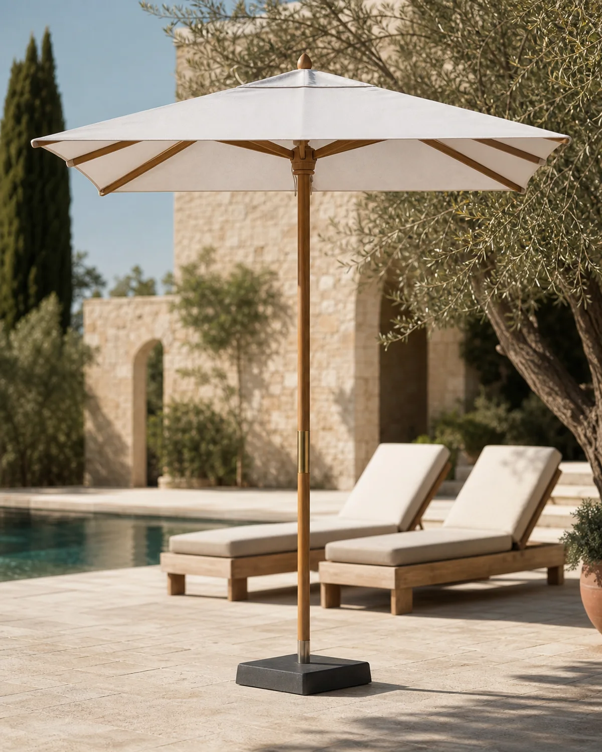 Aria timber resort parasol with off-white canopy beside a Mediterranean pool