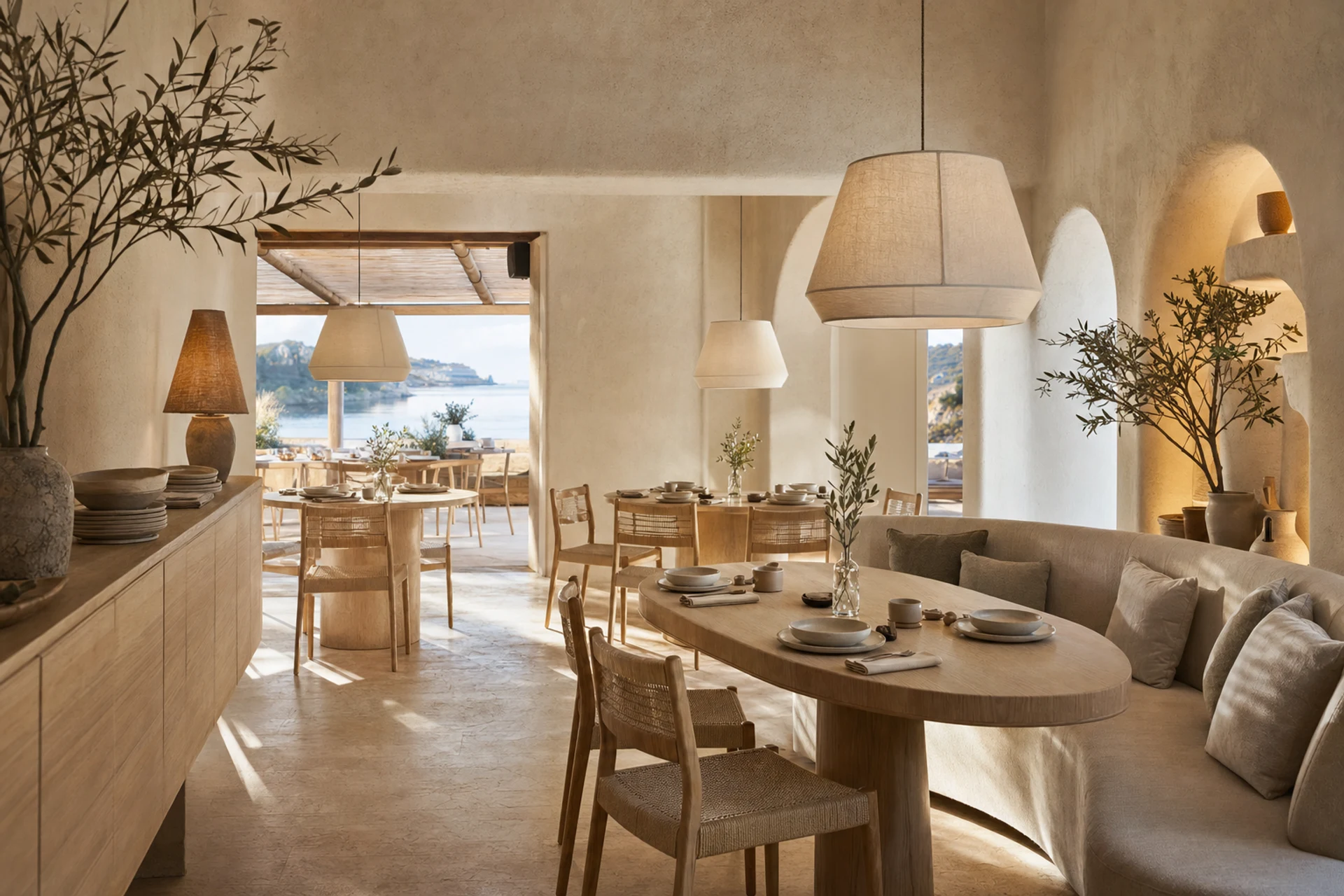 Mediterranean hotel restaurant with oval oak tables, upholstered chairs and linen pendants