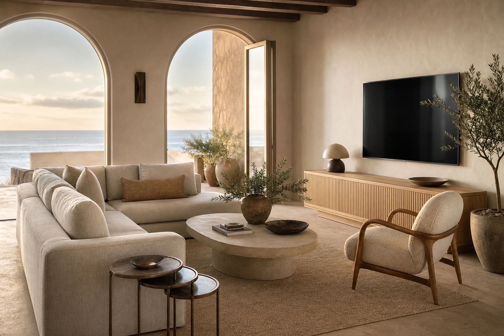 Mediterranean hotel suite lounge with curved sofa, lounge chair, stone table and oak console