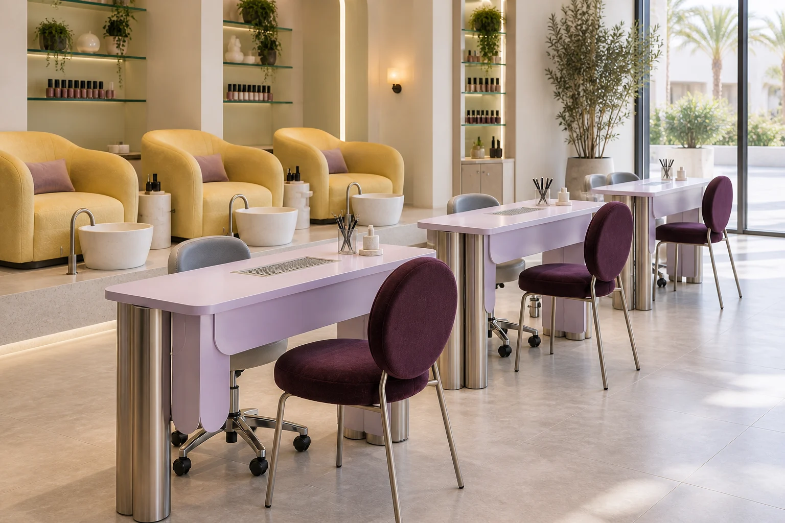 Alternative view across colourful contemporary nail studio furniture