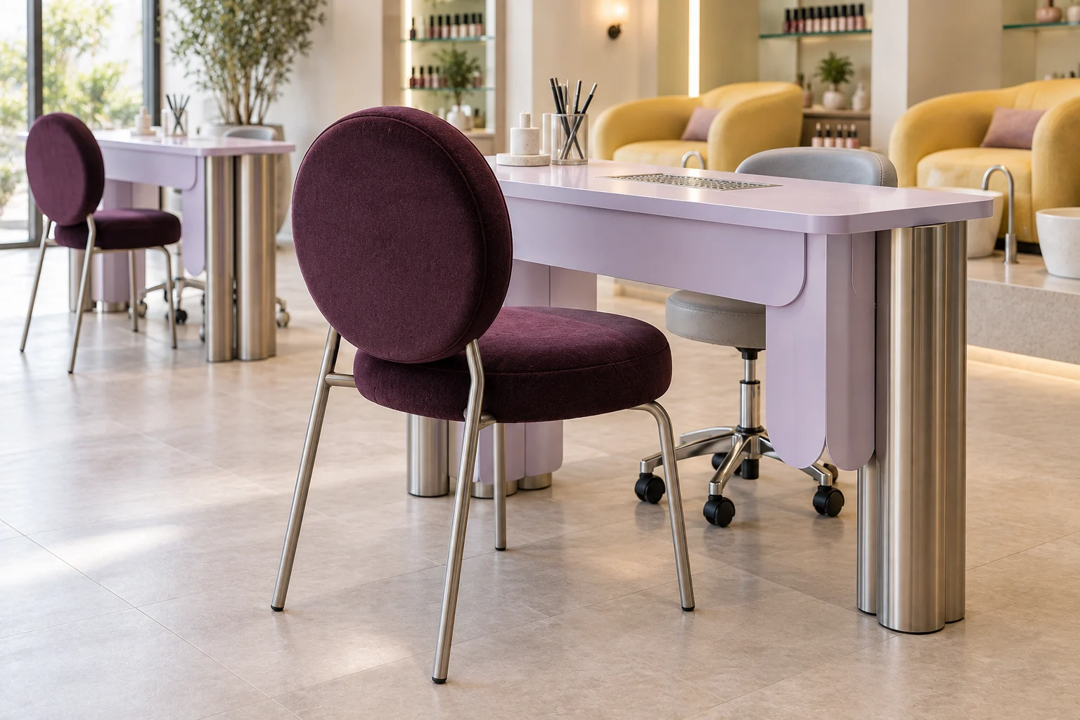 Aubergine disc-back manicure chair with slender metal legs