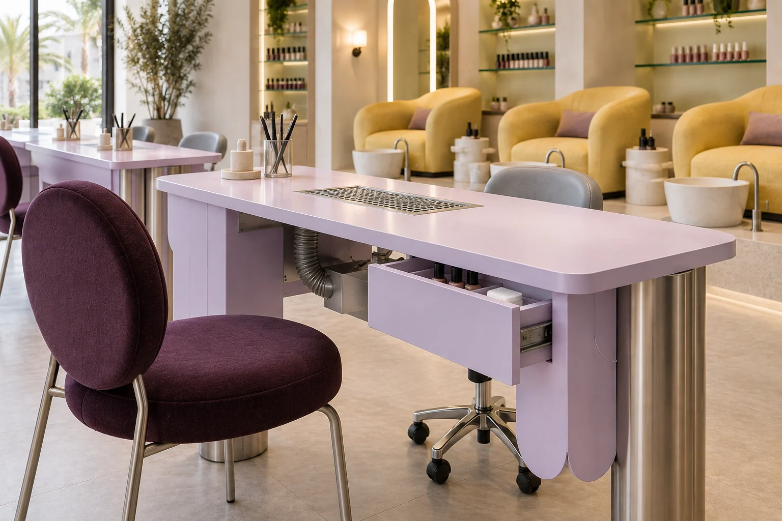 Lilac manicure desk detail with shaped panel and extraction grille