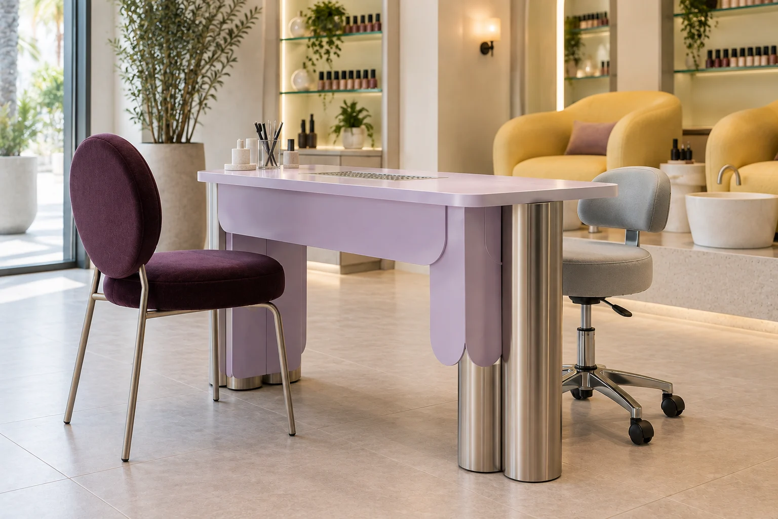 Lilac manicure desks and aubergine disc-back client chairs