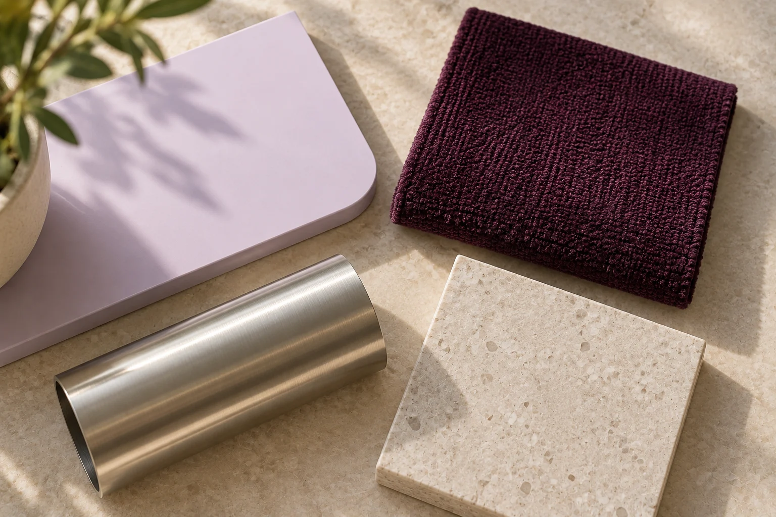 Lilac worktop finish · Aubergine upholstery · Warm yellow upholstery · Green glass physical material sample concept board