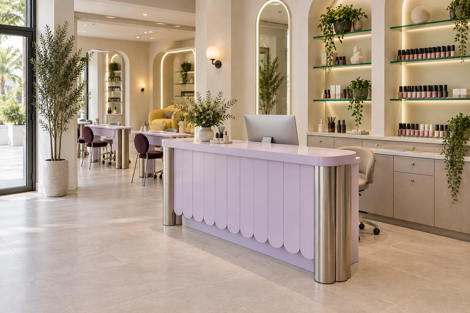 Modern nail studio reception with green glass retail shelves