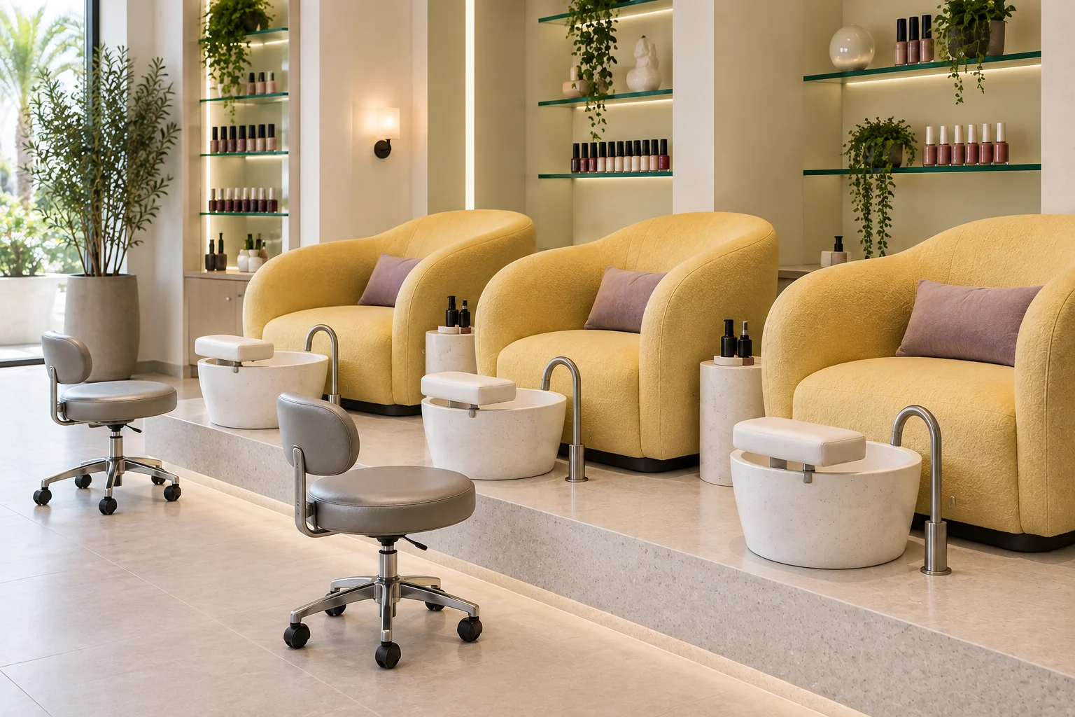 Rounded yellow pedicure seating with separate white basins